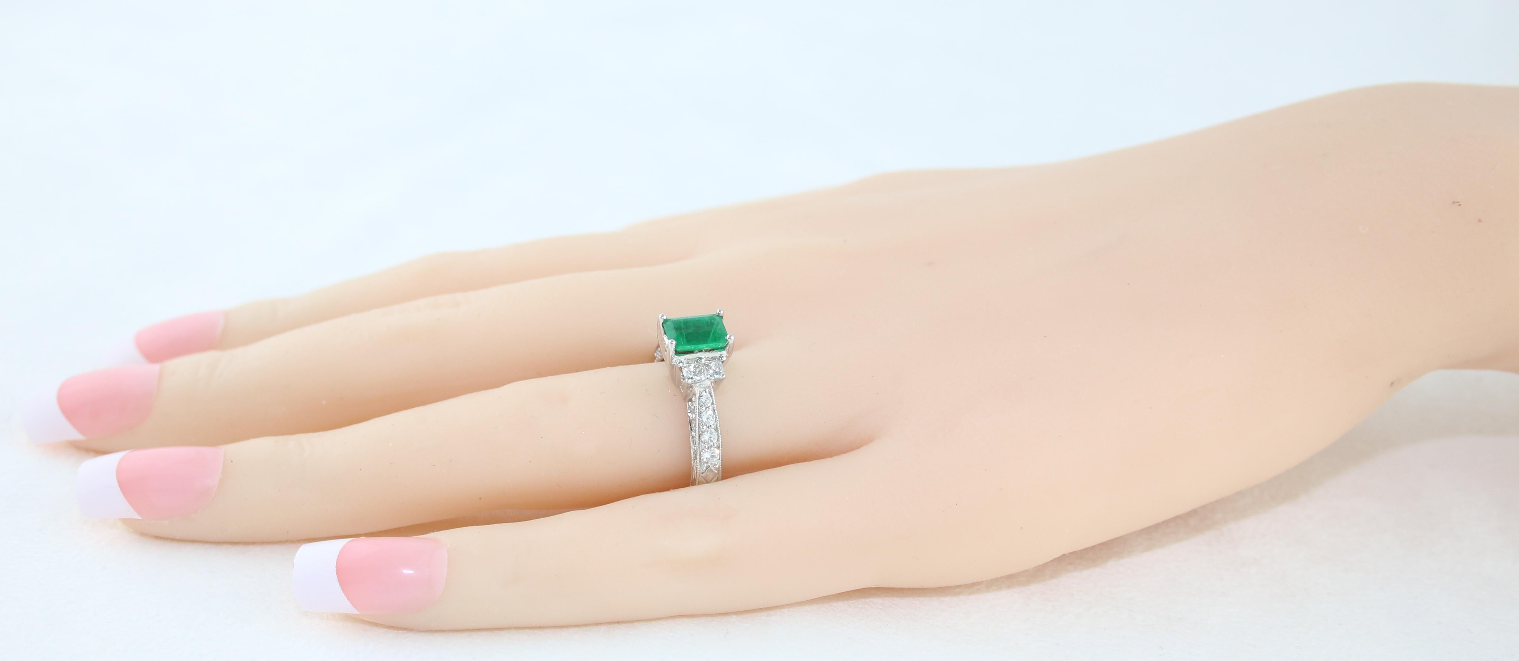 AGL Certified 0.89 Carat Emerald Diamond Gold Milgrain Filigree Ring For Sale 1