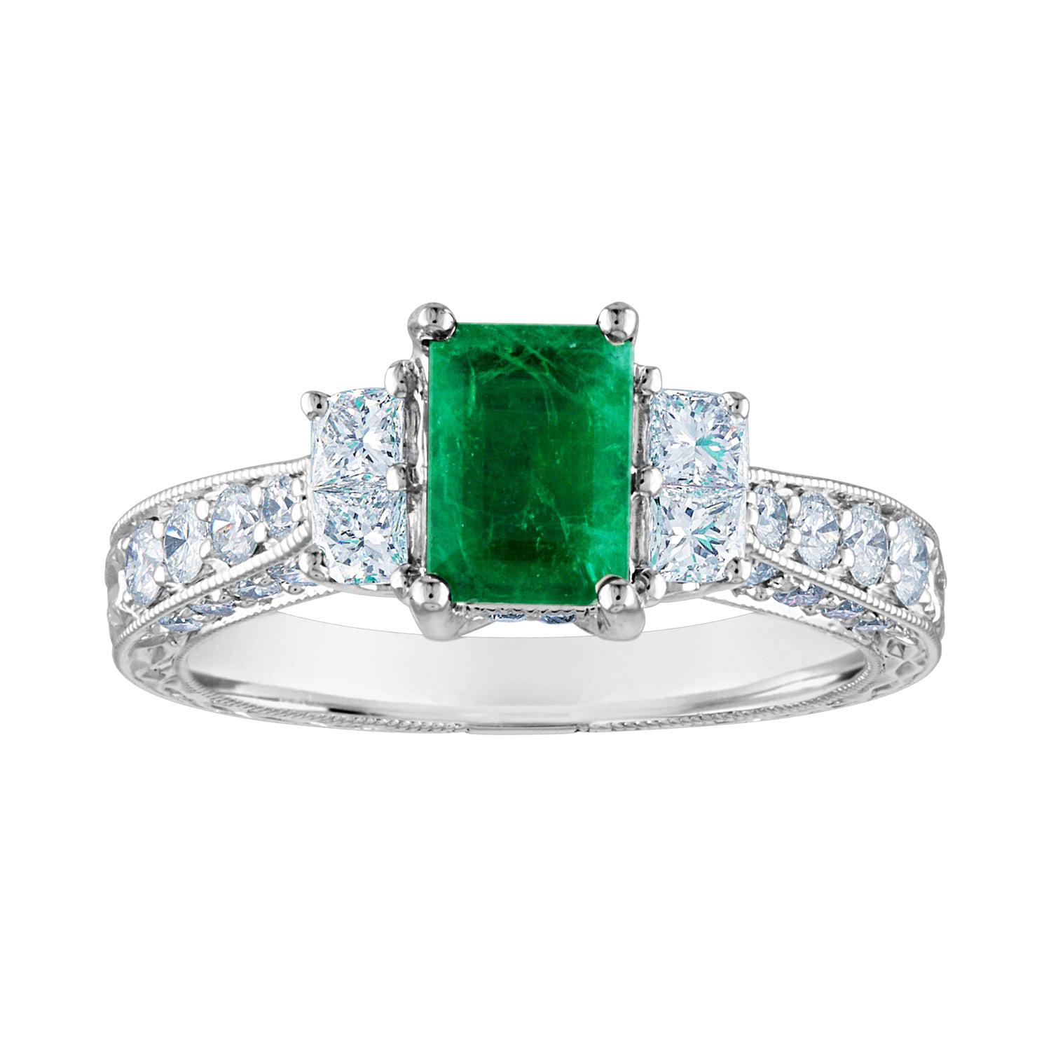 AGL Certified 0.89 Carat Emerald Diamond Gold Milgrain Filigree Ring For Sale