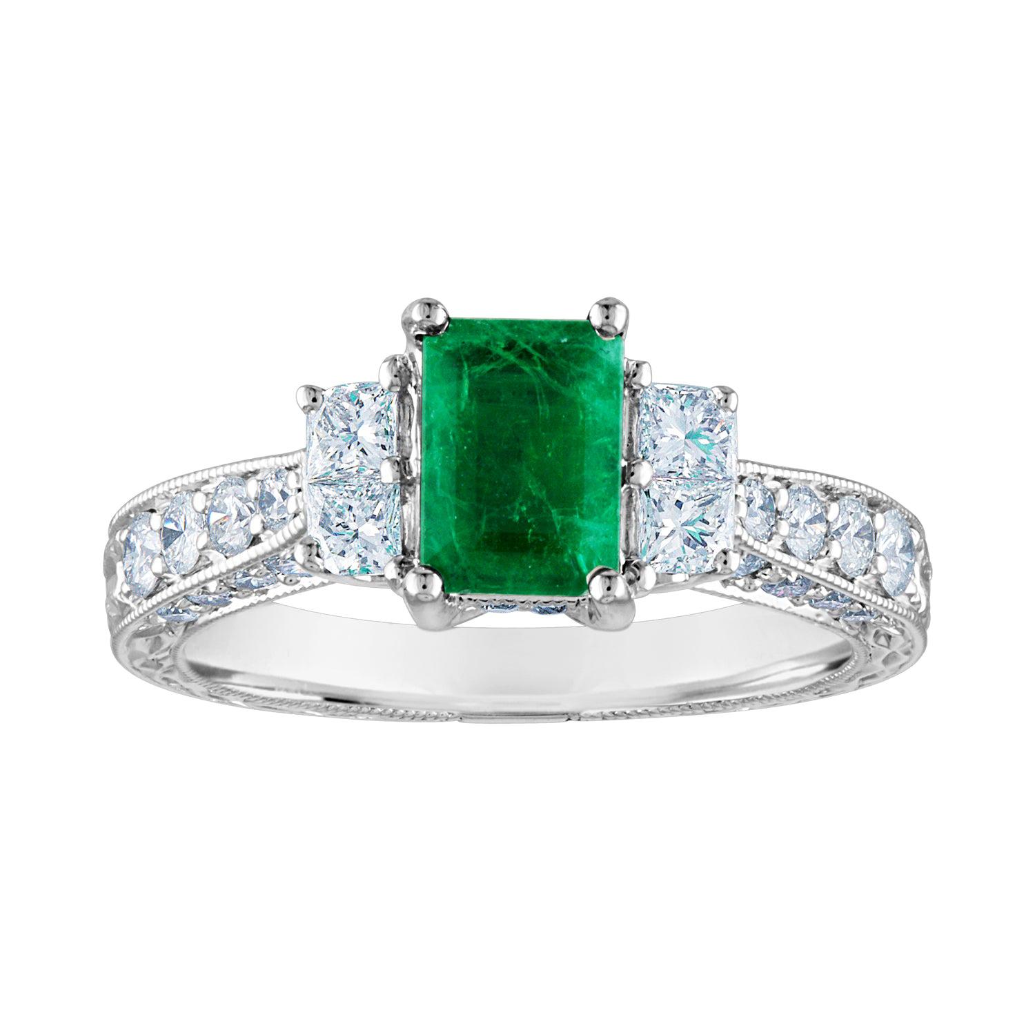 Bague filigrane Milgrain en or avec diamants et émeraudes de 0.89 carat certifiée AGL