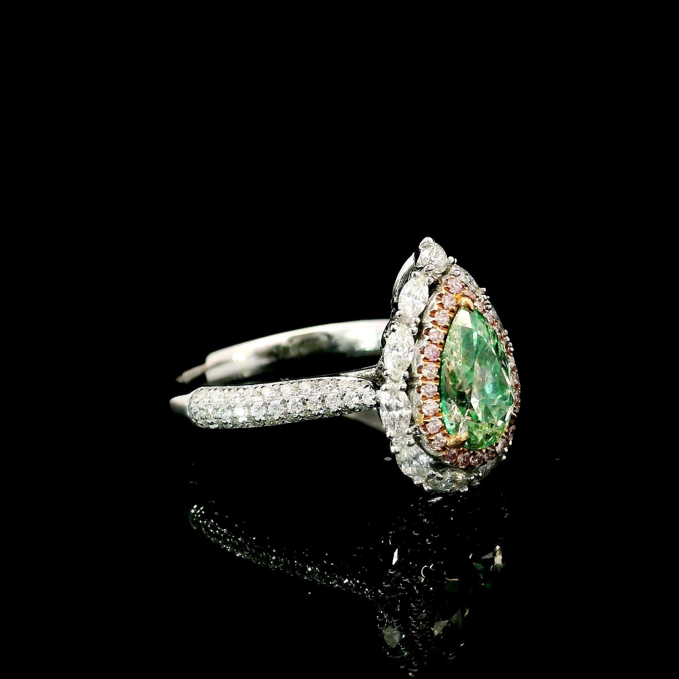 Pear Cut AGL Certified 0.90 Carat Fancy Green VS Clarity Diamond Ring For Sale