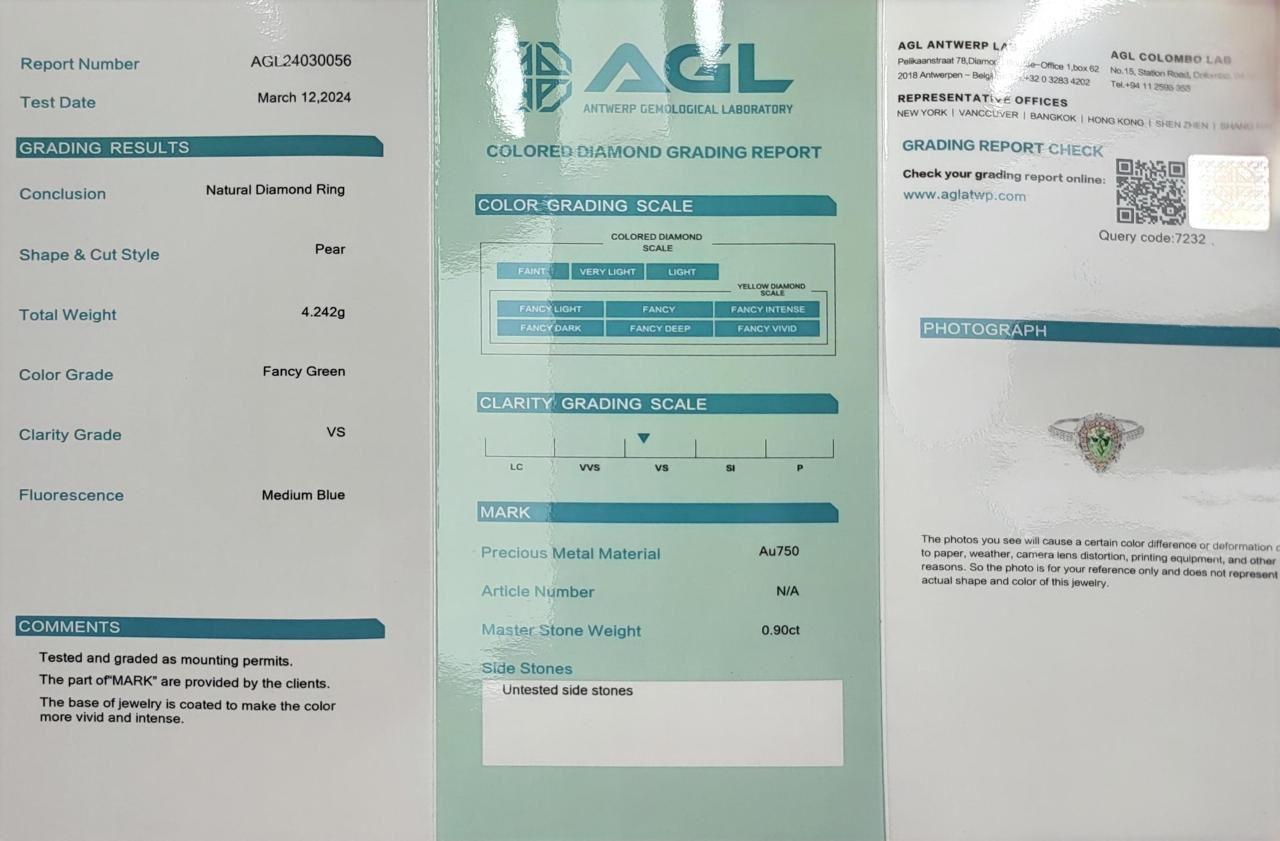 AGL Certified 0.90 Carat Fancy Green VS Clarity Diamond Ring For Sale 3