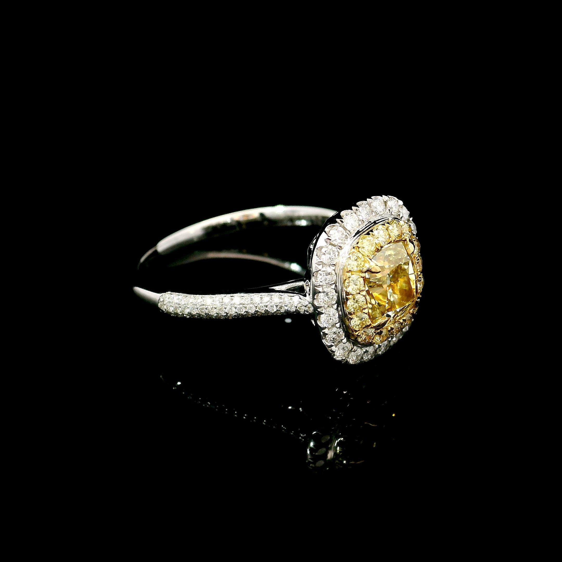 Cushion Cut AGL Certified 0.92 Carat Fancy Yellow VS Clarity Diamond Ring For Sale