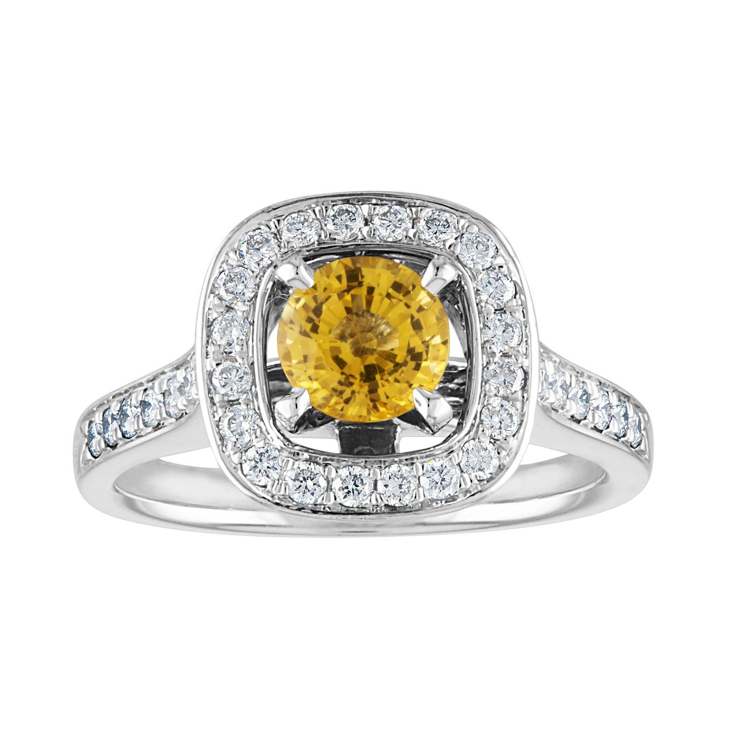 AGL Certified 0.92 Carat Round Yellow Sapphire Diamond Gold Ring