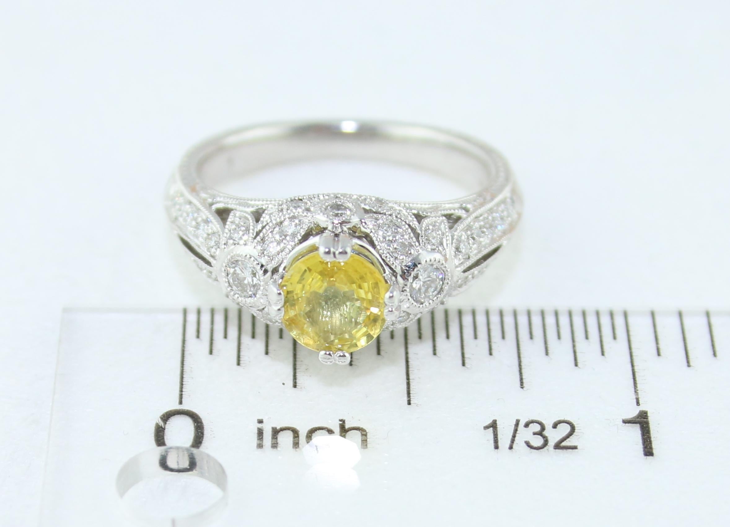 AGL Certified 0.97 Carat Yellow Sapphire Diamond Gold Milgrain Filigree Ring For Sale 3