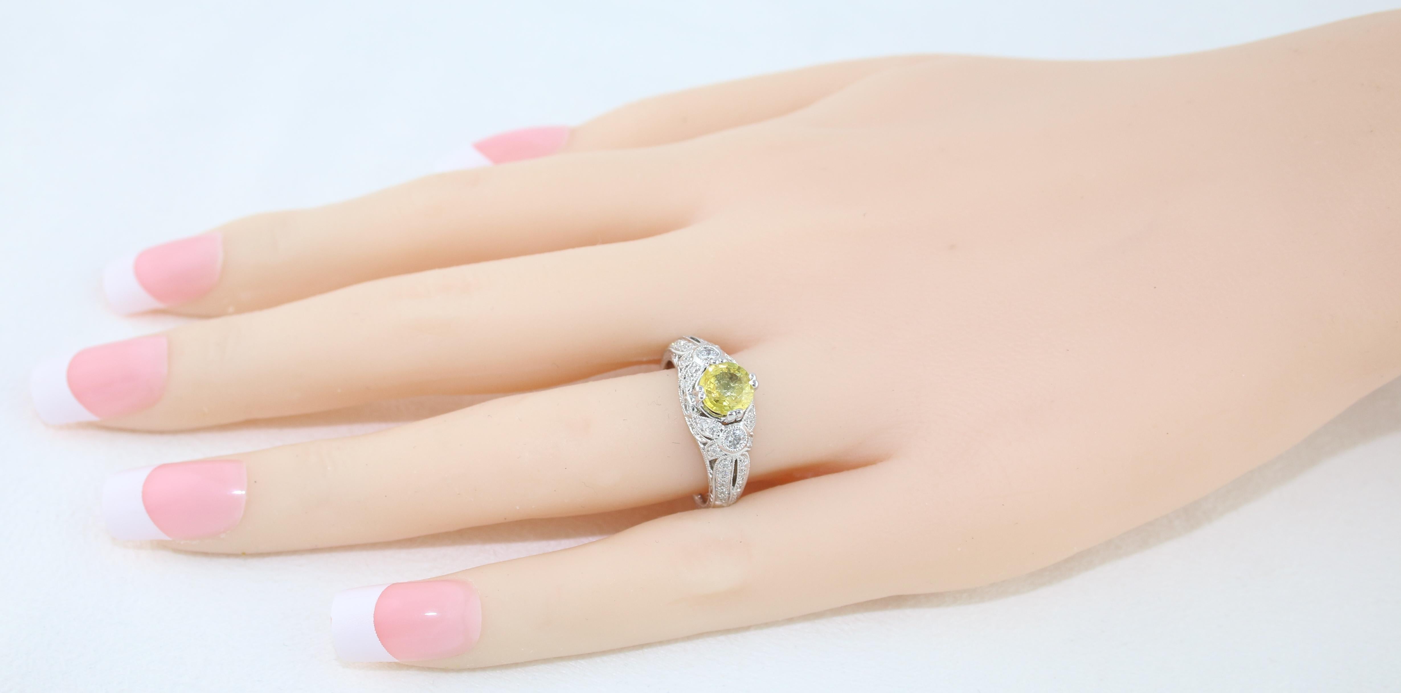 Round Cut AGL Certified 0.97 Carat Yellow Sapphire Diamond Gold Milgrain Filigree Ring For Sale