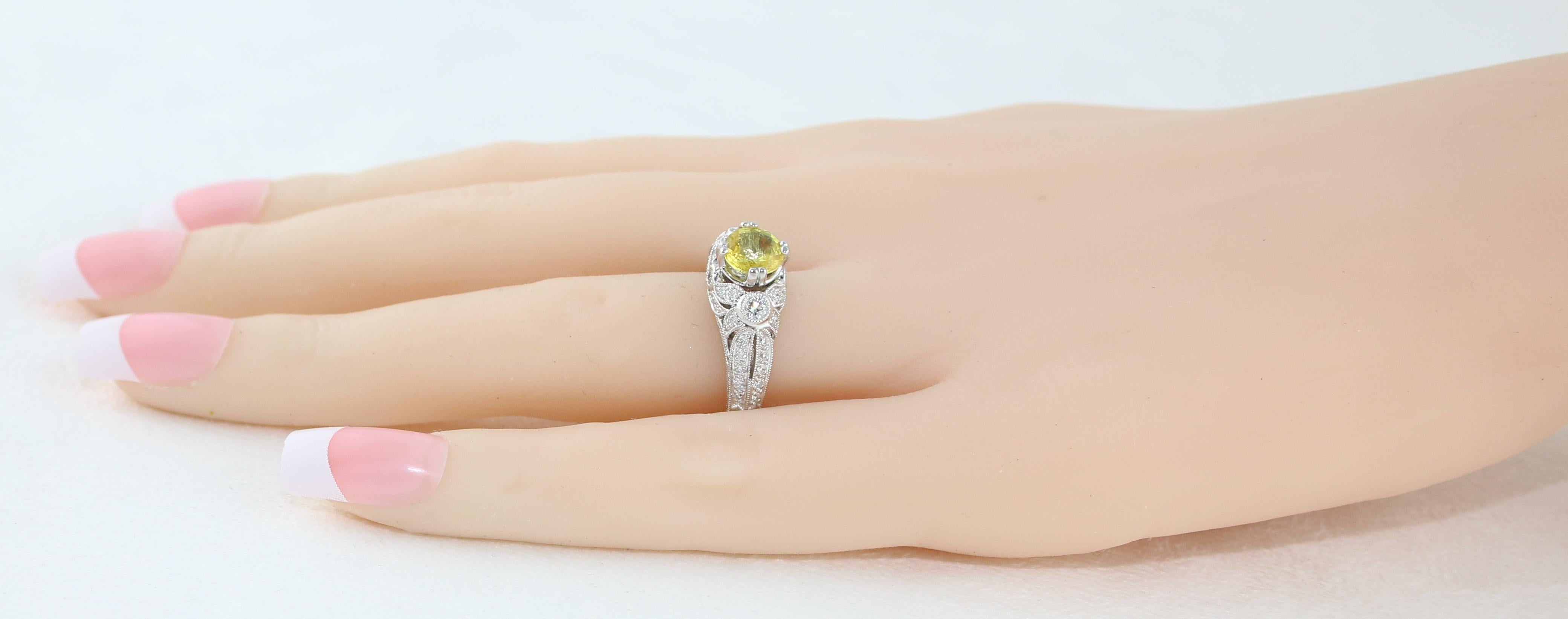 Women's AGL Certified 0.97 Carat Yellow Sapphire Diamond Gold Milgrain Filigree Ring For Sale