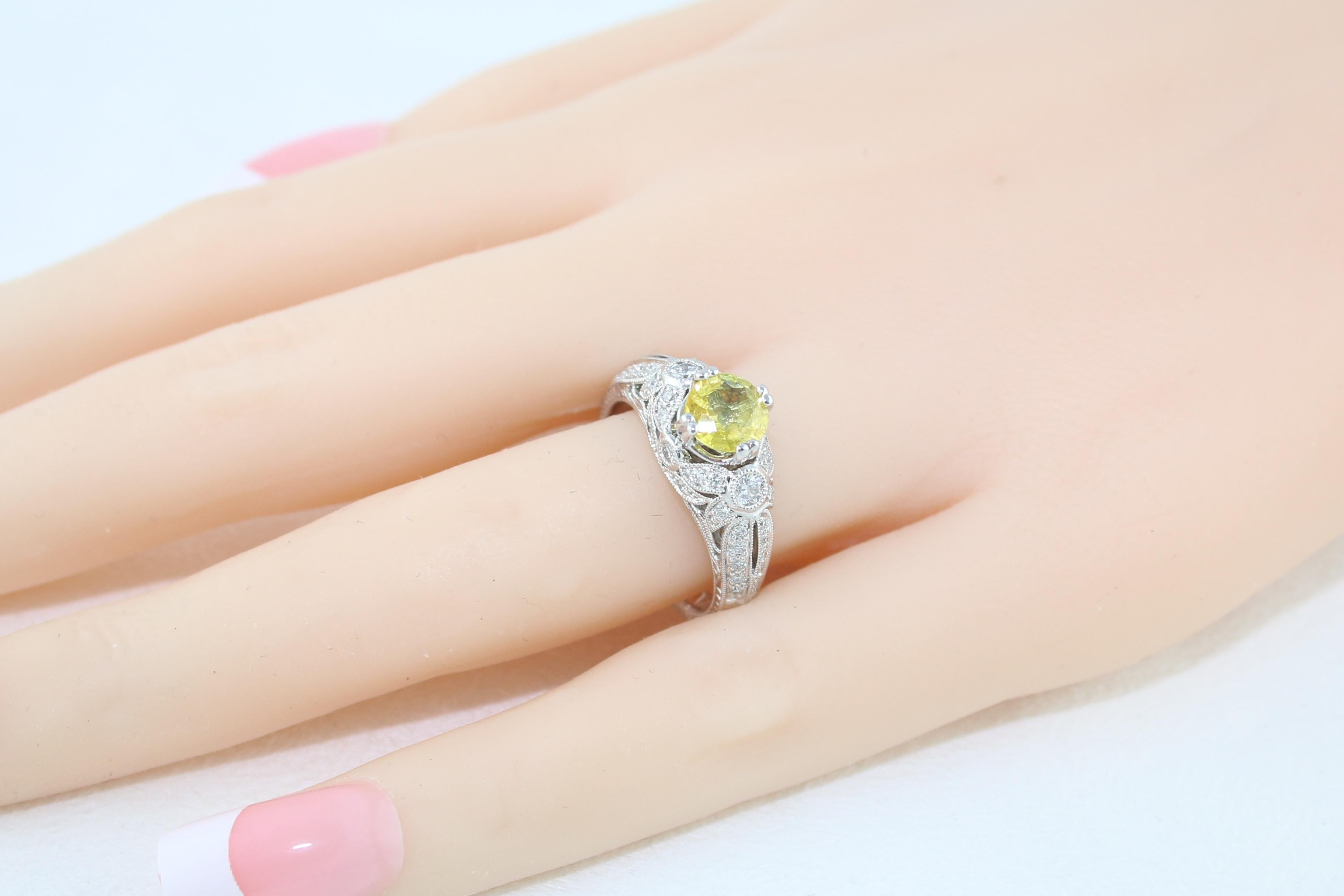 AGL Certified 0.97 Carat Yellow Sapphire Diamond Gold Milgrain Filigree Ring For Sale 2