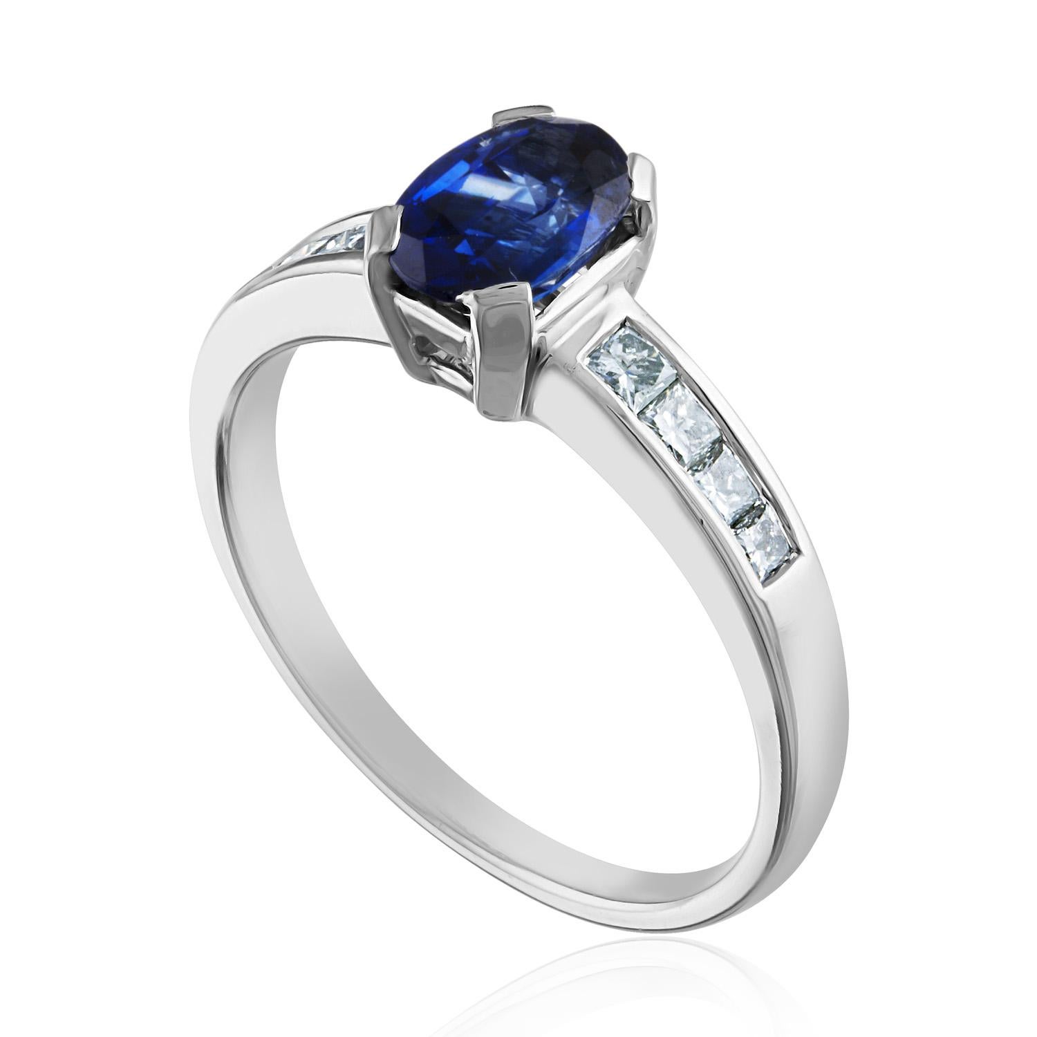 Beautiful Blue Sapphire Ring.
The ring is 18K White Gold.
The Blue Sapphire is Oval 0.98 Carat.
The stone is AGL Certified,
The stone is Heated.
There are 0.31 Carat Diamonds F/G VS/SI.
The ring is a size 6.50, sizable.
The ring weighs 3.3 grams