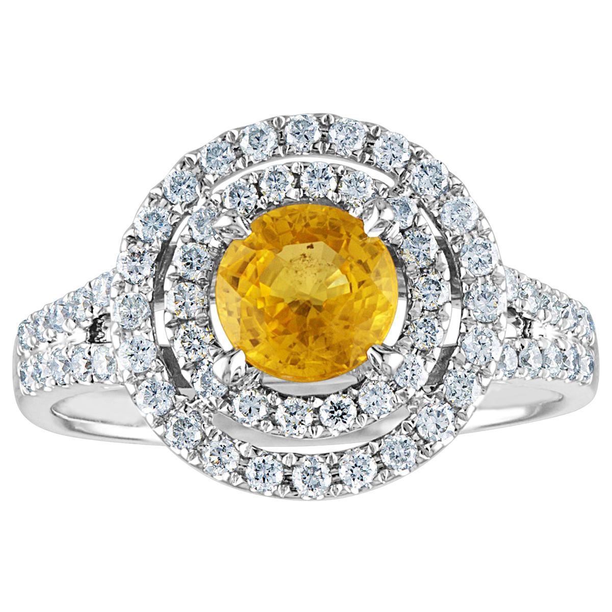 AGL Certified 0.98 Carat Round Yellow Sapphire and Diamond Gold Ring For Sale