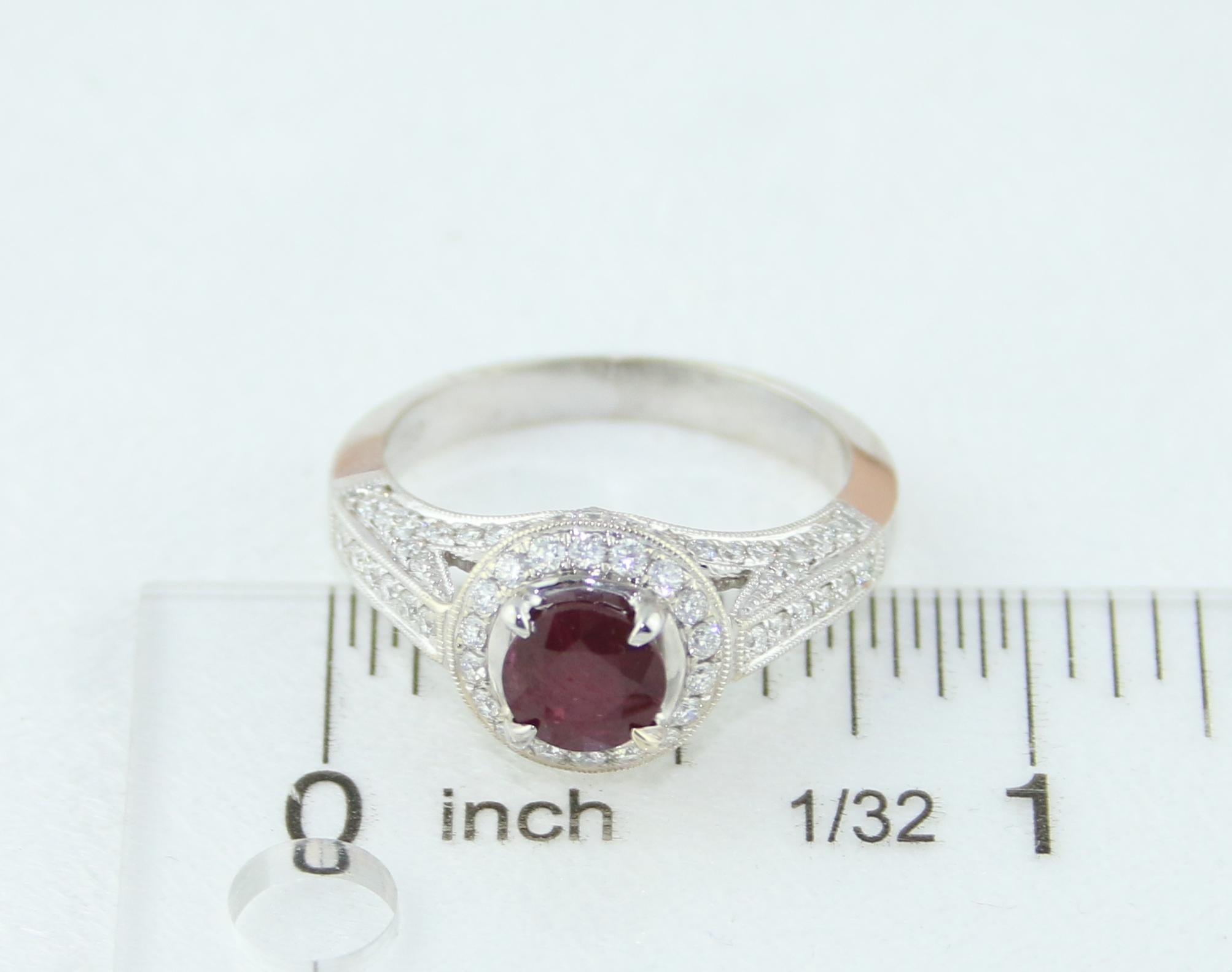AGL Certified 0.99 Carat Round Ruby Diamond Gold Milgrain Ring For Sale 4