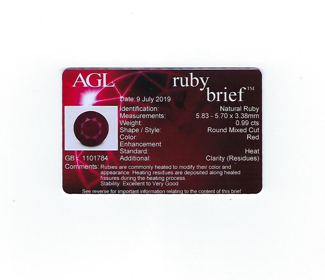 AGL Certified 0.99 Carat Round Ruby Diamond Gold Milgrain Ring For Sale 5