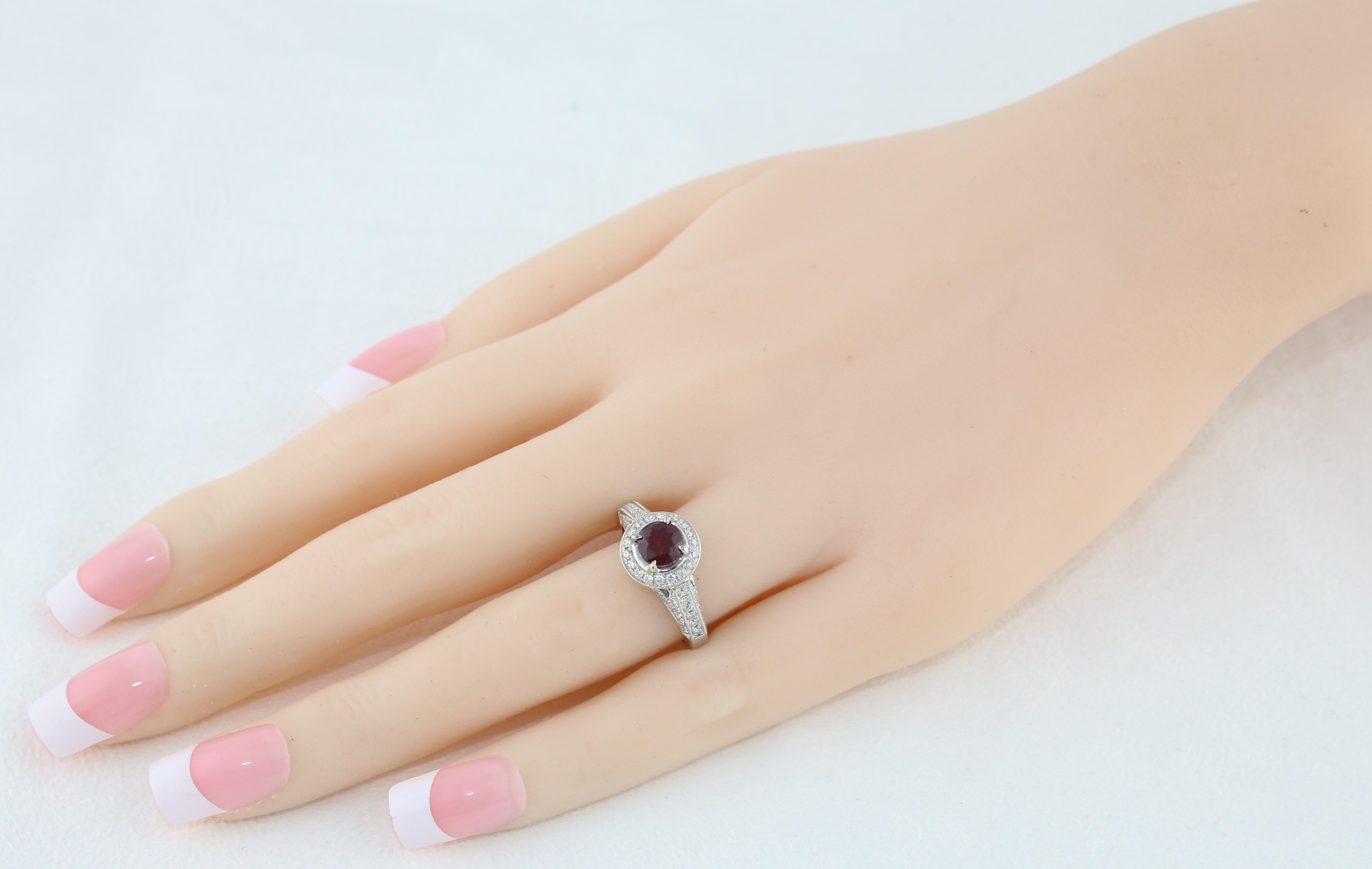 Contemporary AGL Certified 0.99 Carat Round Ruby Diamond Gold Milgrain Ring For Sale