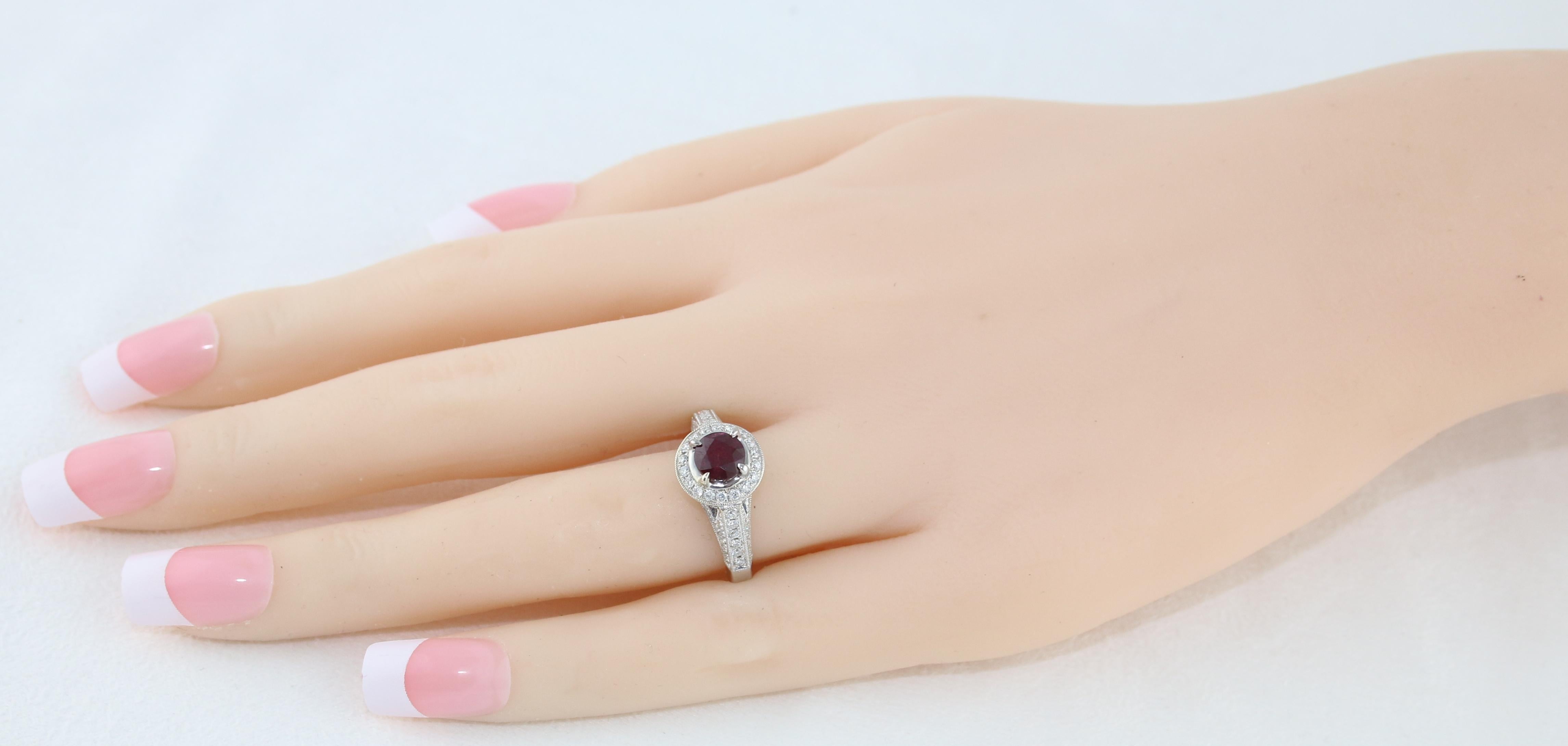 Round Cut AGL Certified 0.99 Carat Round Ruby Diamond Gold Milgrain Ring For Sale