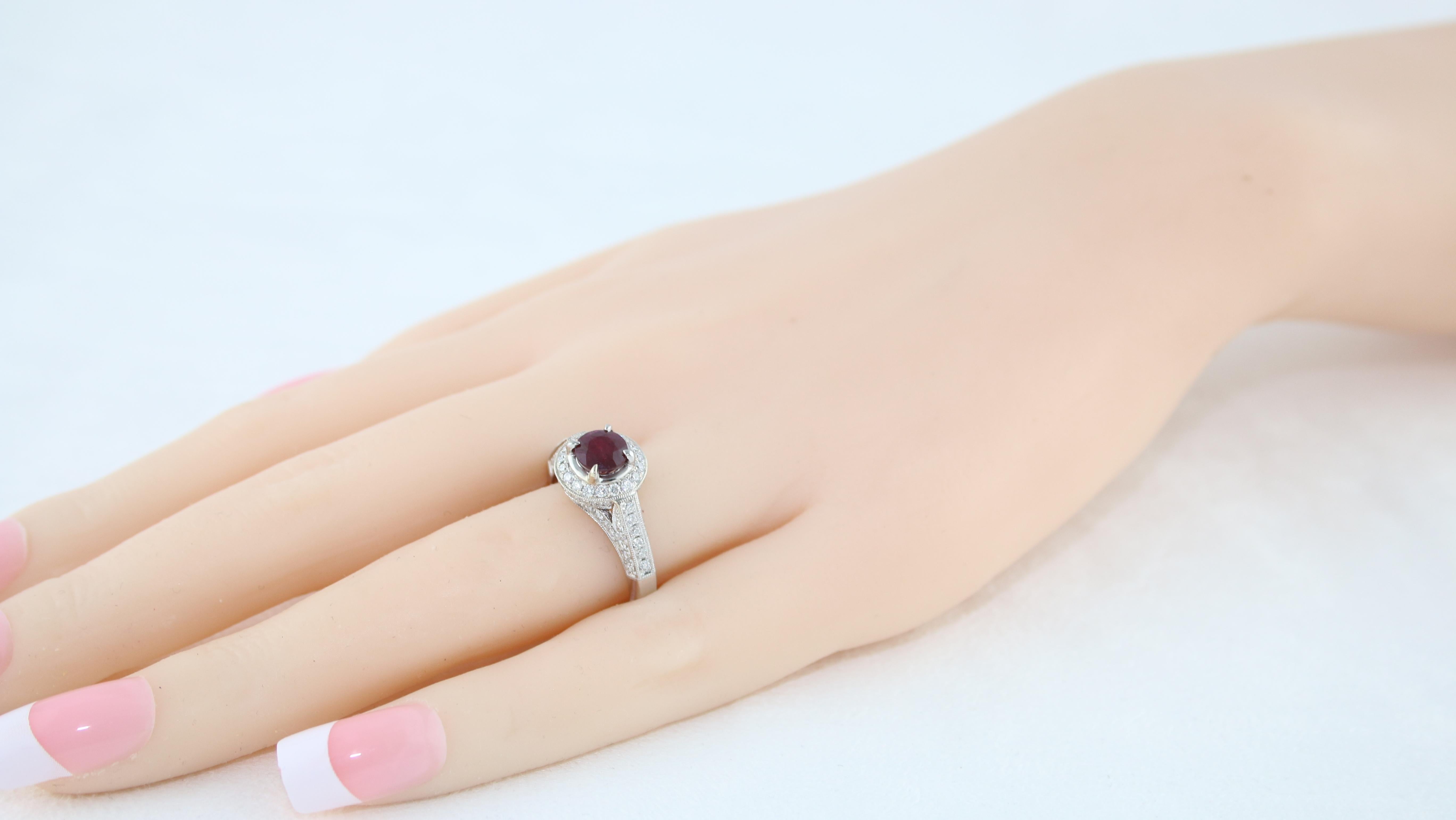 Women's AGL Certified 0.99 Carat Round Ruby Diamond Gold Milgrain Ring For Sale