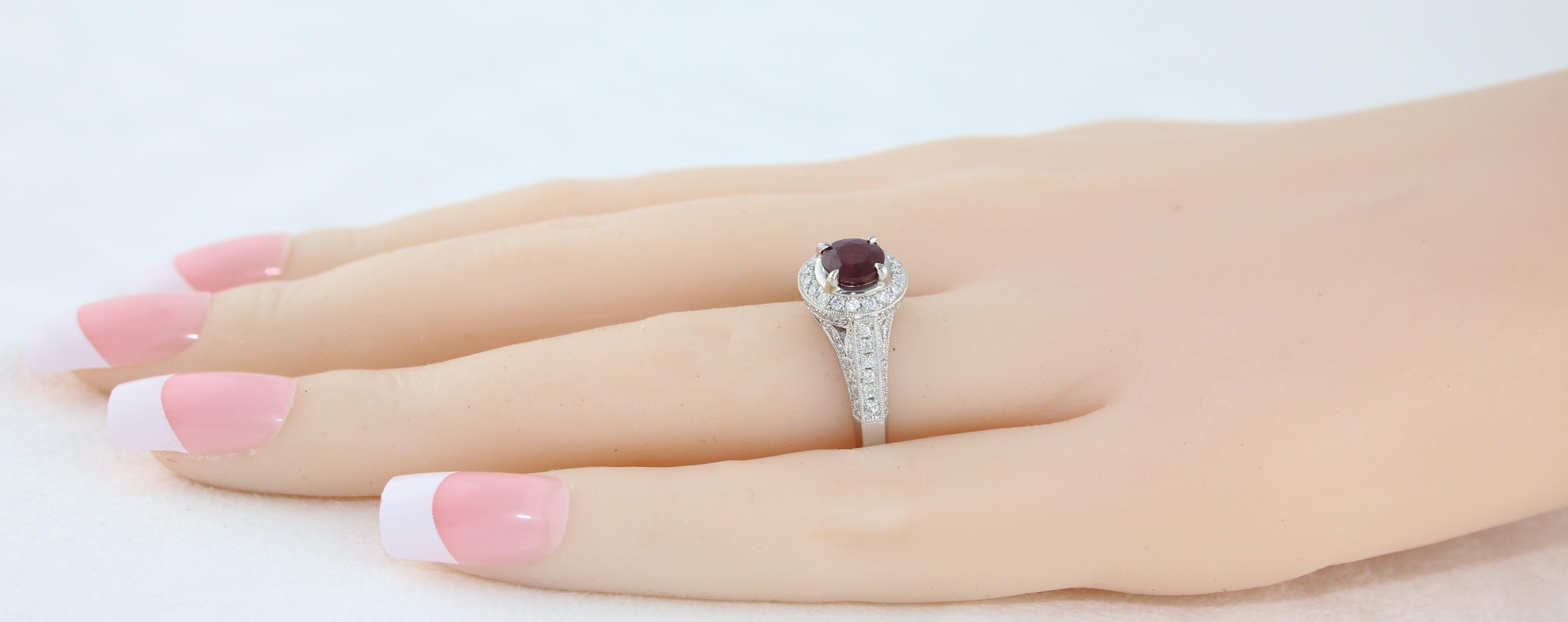 AGL Certified 0.99 Carat Round Ruby Diamond Gold Milgrain Ring For Sale 1