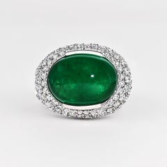 AGL Certified 10 Carat Cabochon Cut Minor Oil Emerald and Diamond Cluster Ring