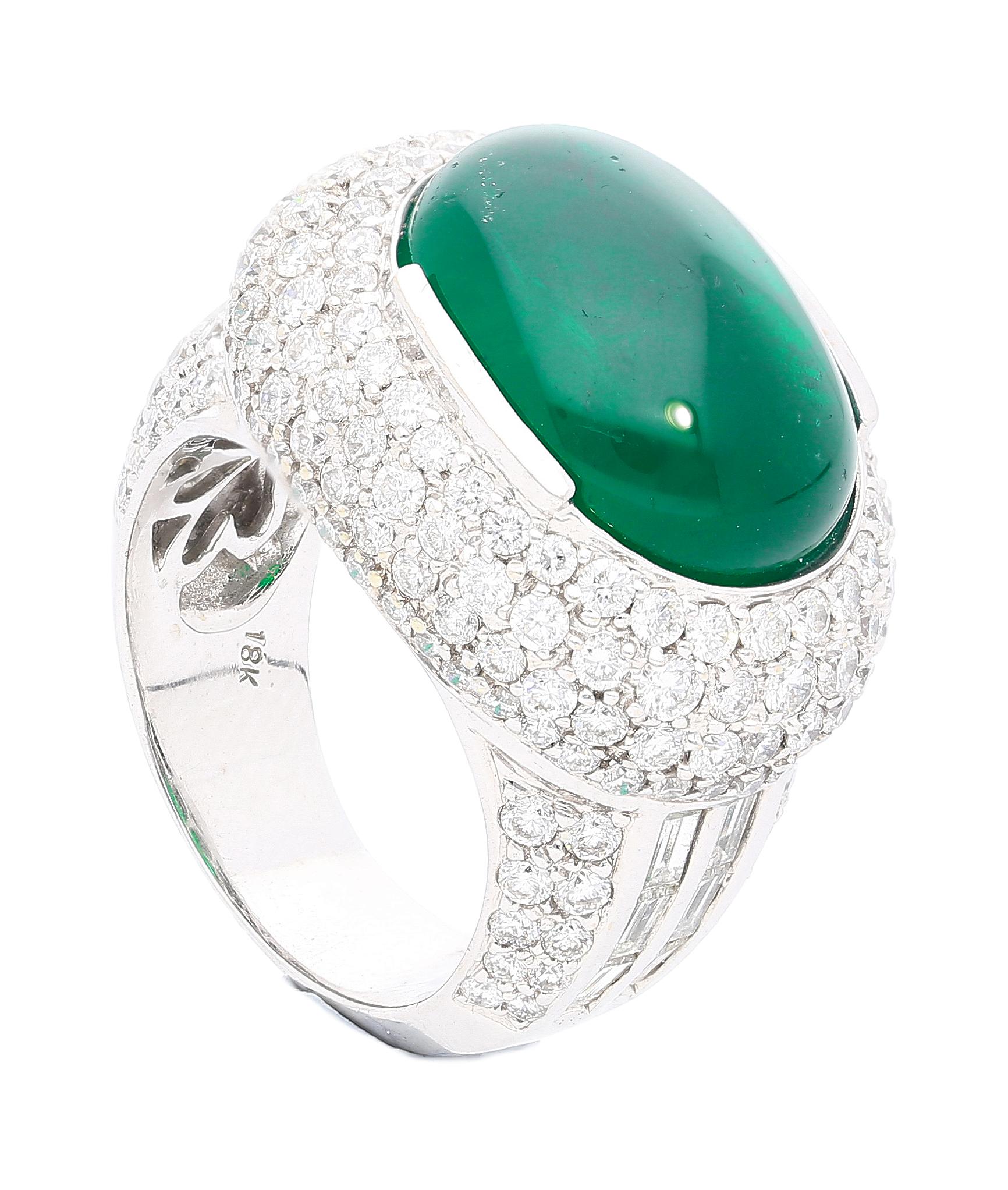 Modern AGL Certified 10 Carat Cabochon Cut Minor Oil Emerald and Diamond Cluster Ring For Sale