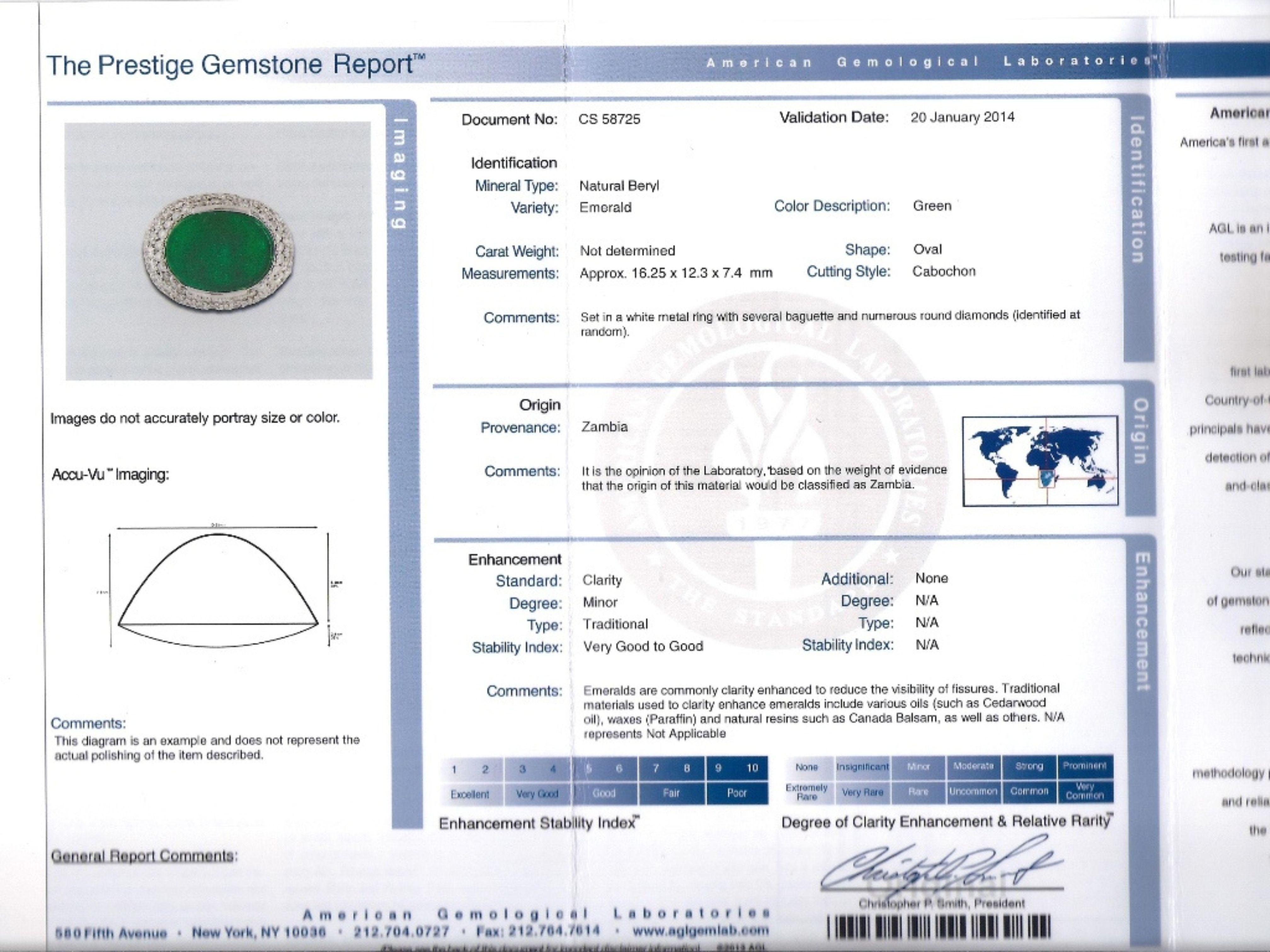 AGL Certified 10 Carat Cabochon Cut Minor Oil Emerald and Diamond Cluster Ring (Bague à grappes d'émeraudes et de diamants) en vente 6