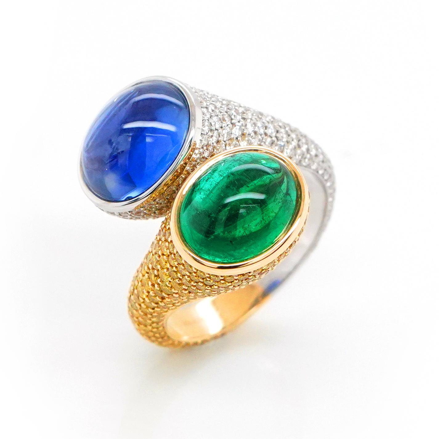 Cabochon AGL certified 10 carat Sapphire Sri Lanka Unheated Emerald Diamond Ring For Sale