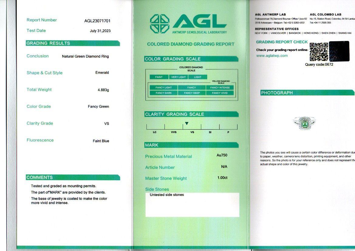 AGL Certified 1.00 Carat Fancy Green Diamond Ring VS Clarity For Sale 9