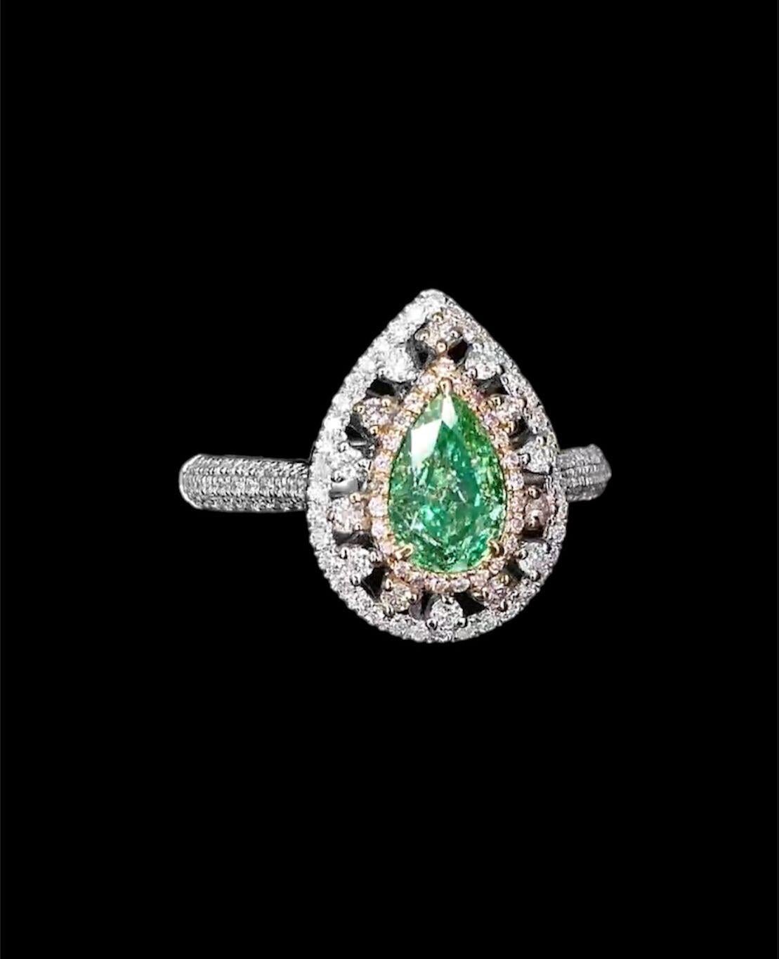 Pear Cut AGL Certified 1.00 Carat Fancy Green Diamond Ring VS Clarity For Sale