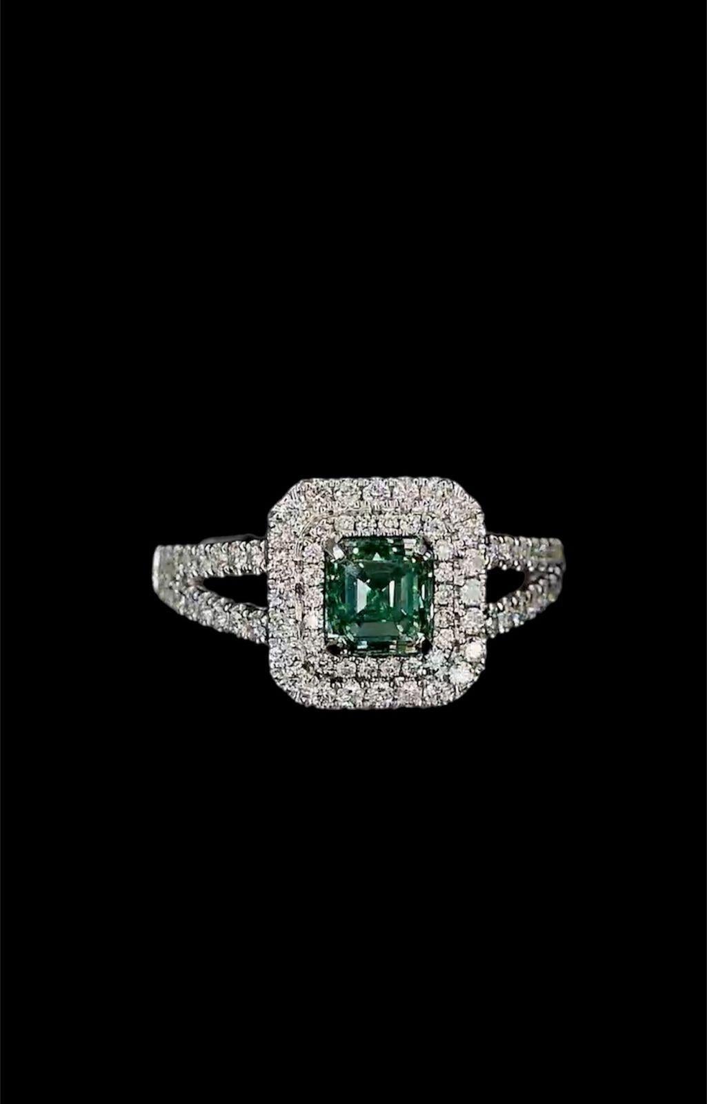 Emerald Cut AGL Certified 1.00 Carat Fancy Green Diamond Ring VS Clarity For Sale