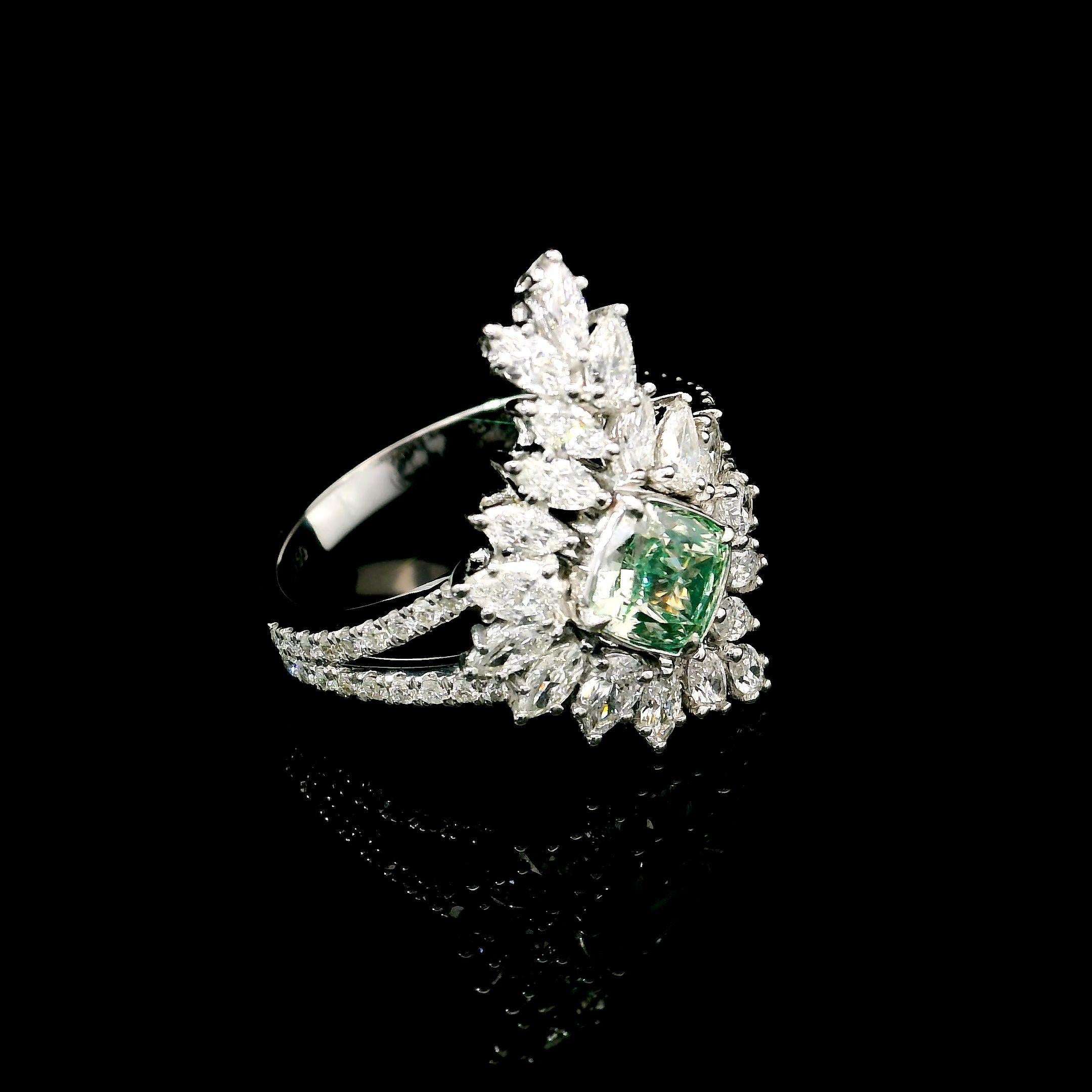 Cushion Cut AGL Certified 1.00 Carat Fancy Green SI Clarity Diamond Ring For Sale