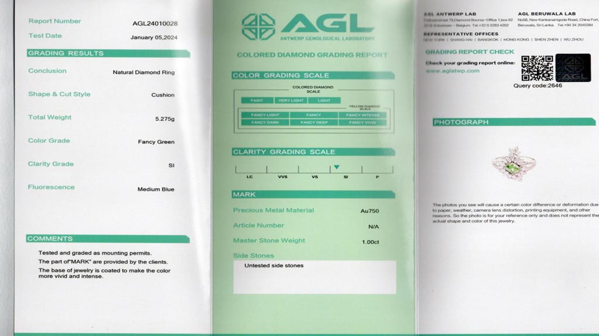 AGL Certified 1.00 Carat Fancy Green SI Clarity Diamond Ring For Sale 3