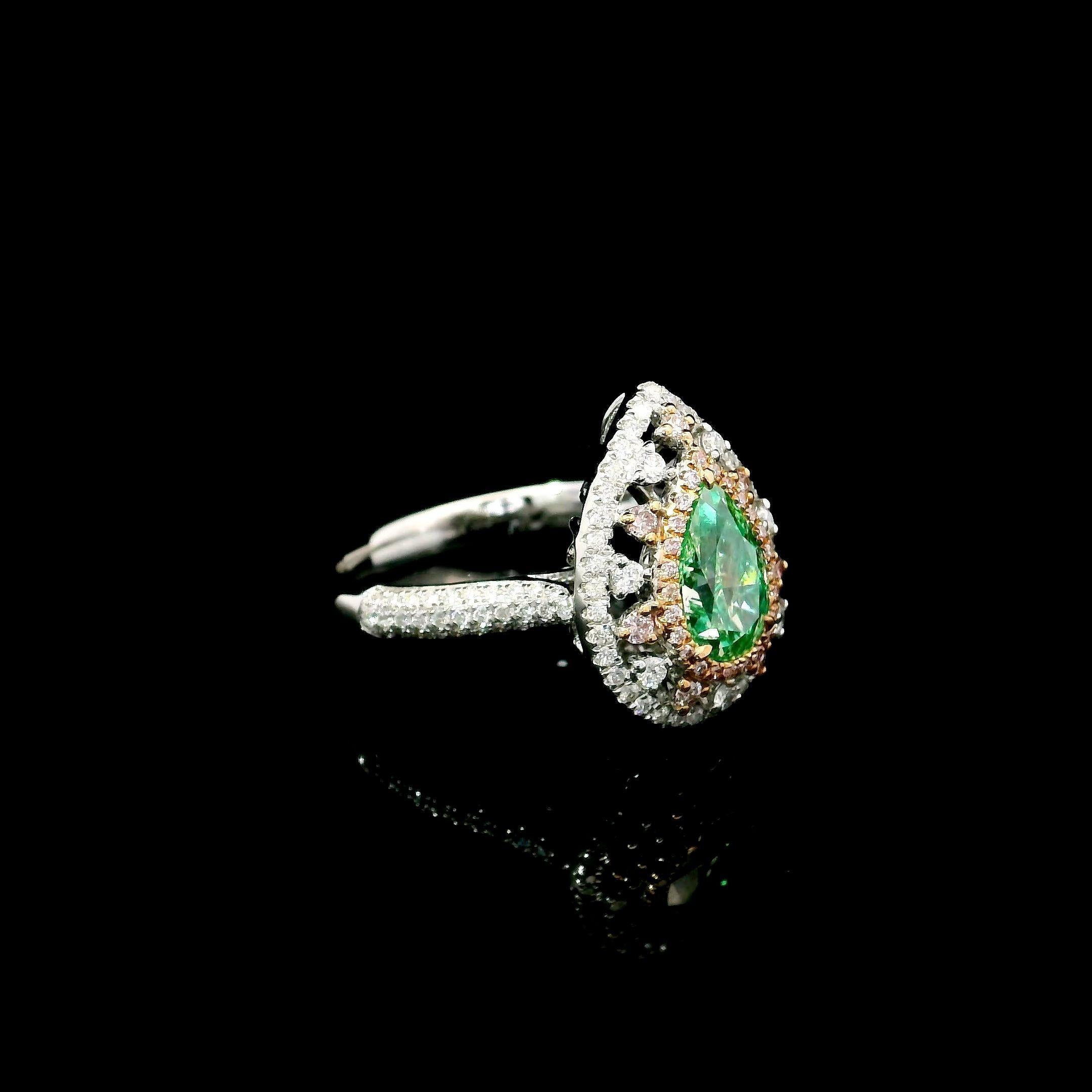 Pear Cut AGL Certified 1.00 Carat Fancy Green VS Clarity Diamond Ring For Sale