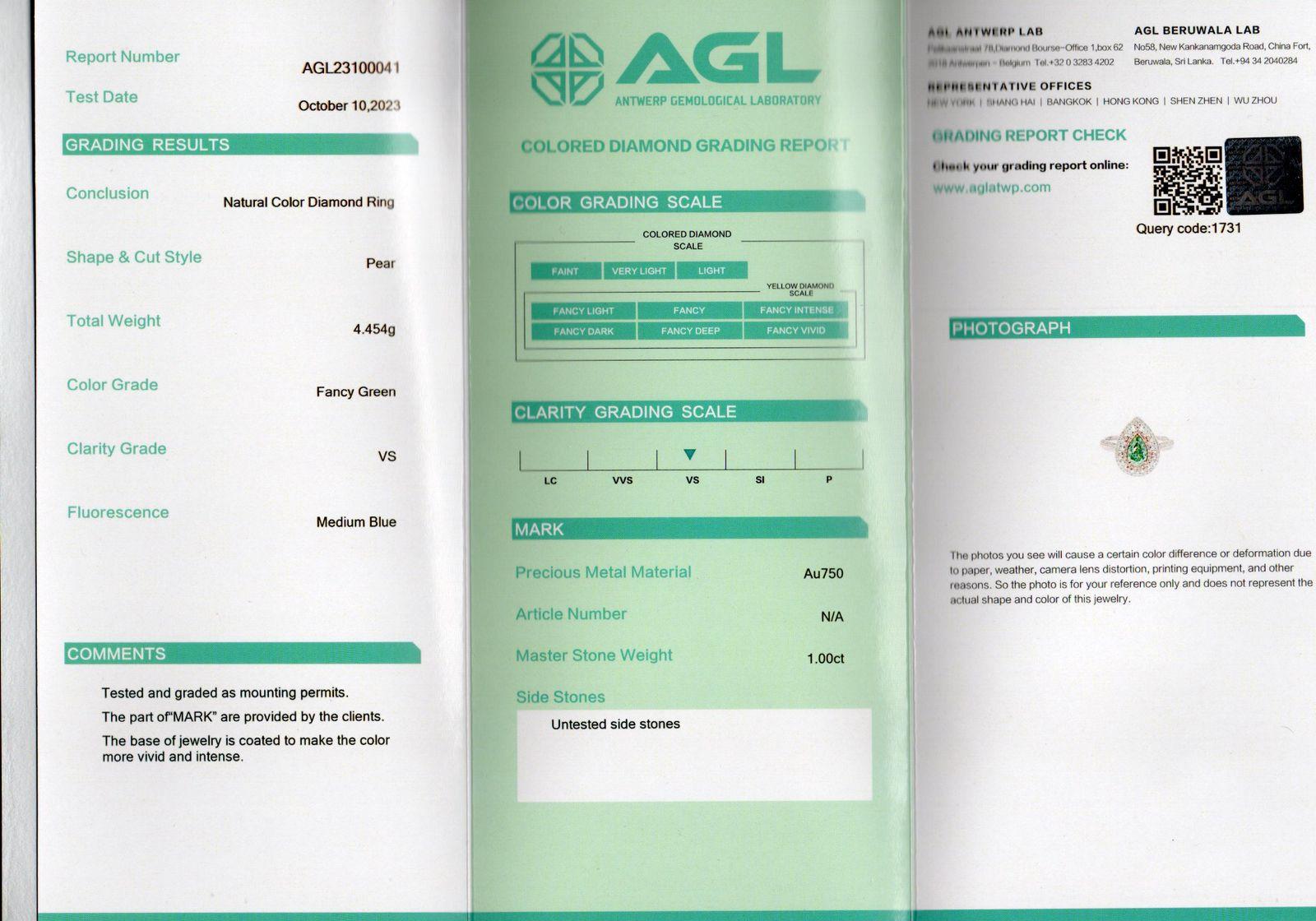 AGL Certified 1.00 Carat Fancy Green VS Clarity Diamond Ring For Sale 2