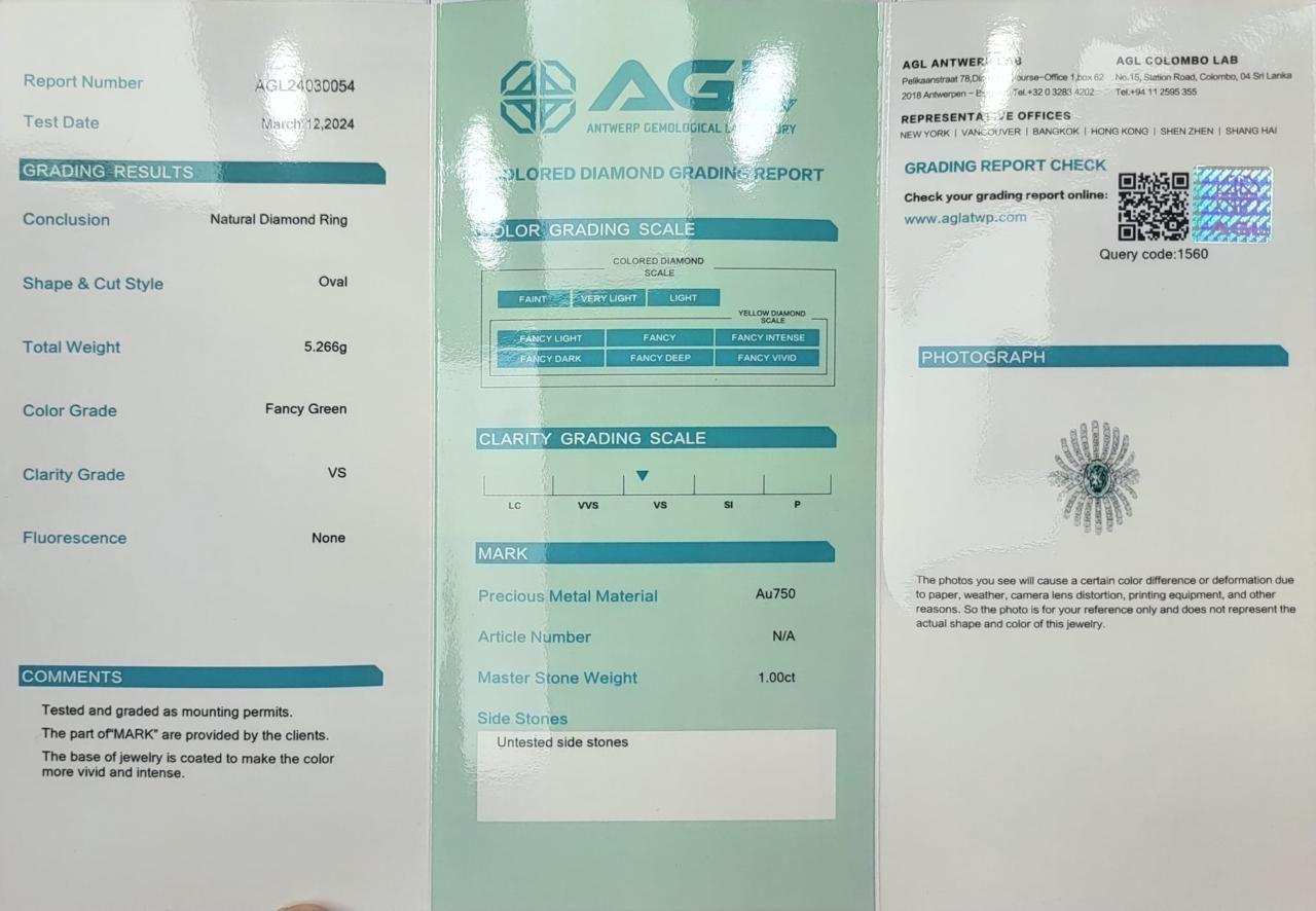 Anello con diamante certificato AGL da 1.00 carati, di colore verde e di chiarezza VS in vendita 3