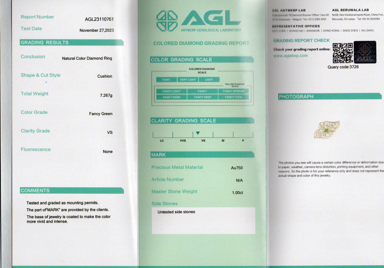 AGL Certified 1.00 Carat Fancy Green VS Clarity Diamond Ring For Sale 3