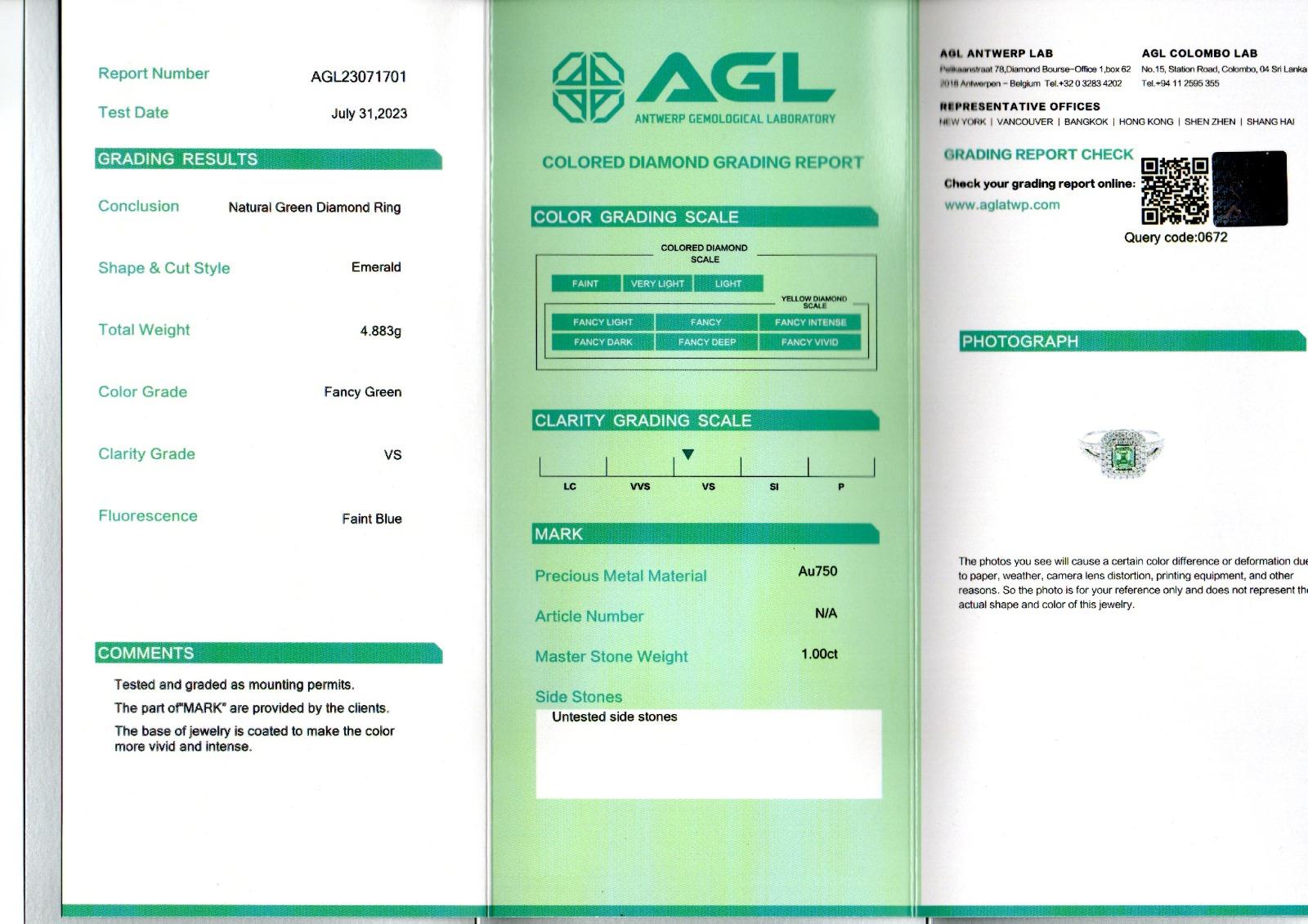 Anello con diamante certificato AGL da 1.00 carati, di colore verde e di chiarezza VS in vendita 3