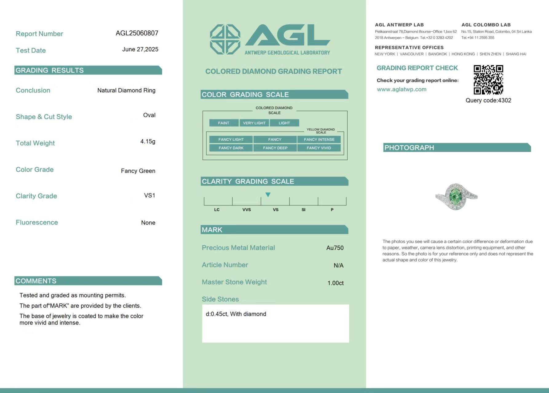 Anillo de diamantes verde fantasía de 1,00 quilates y claridad VS1 con certificación AGL en venta 1