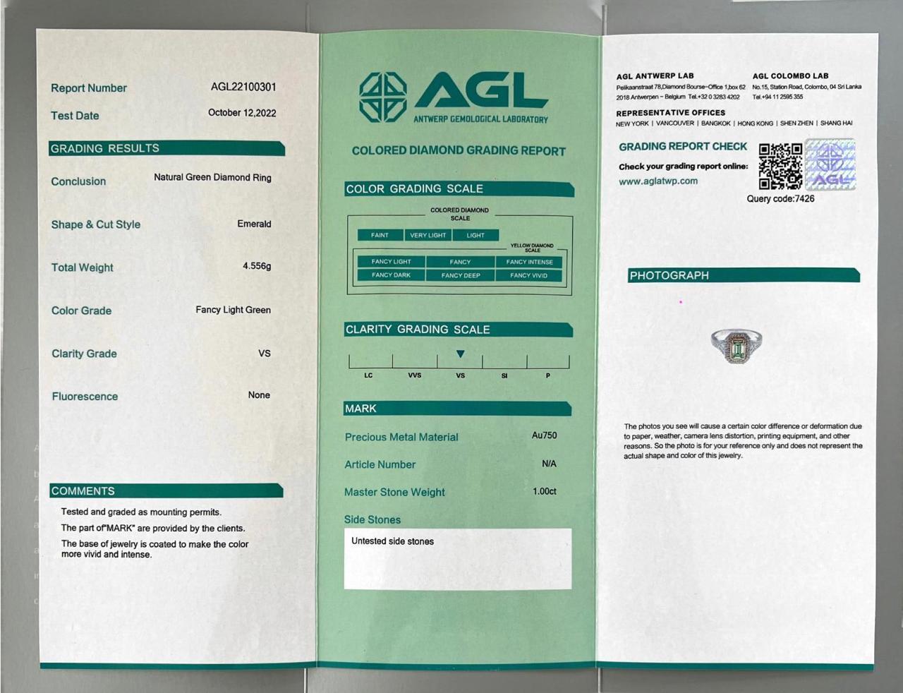 AGL Certified 1.00 Carat Fancy Light Green VS Clarity Diamond Ring For Sale 3