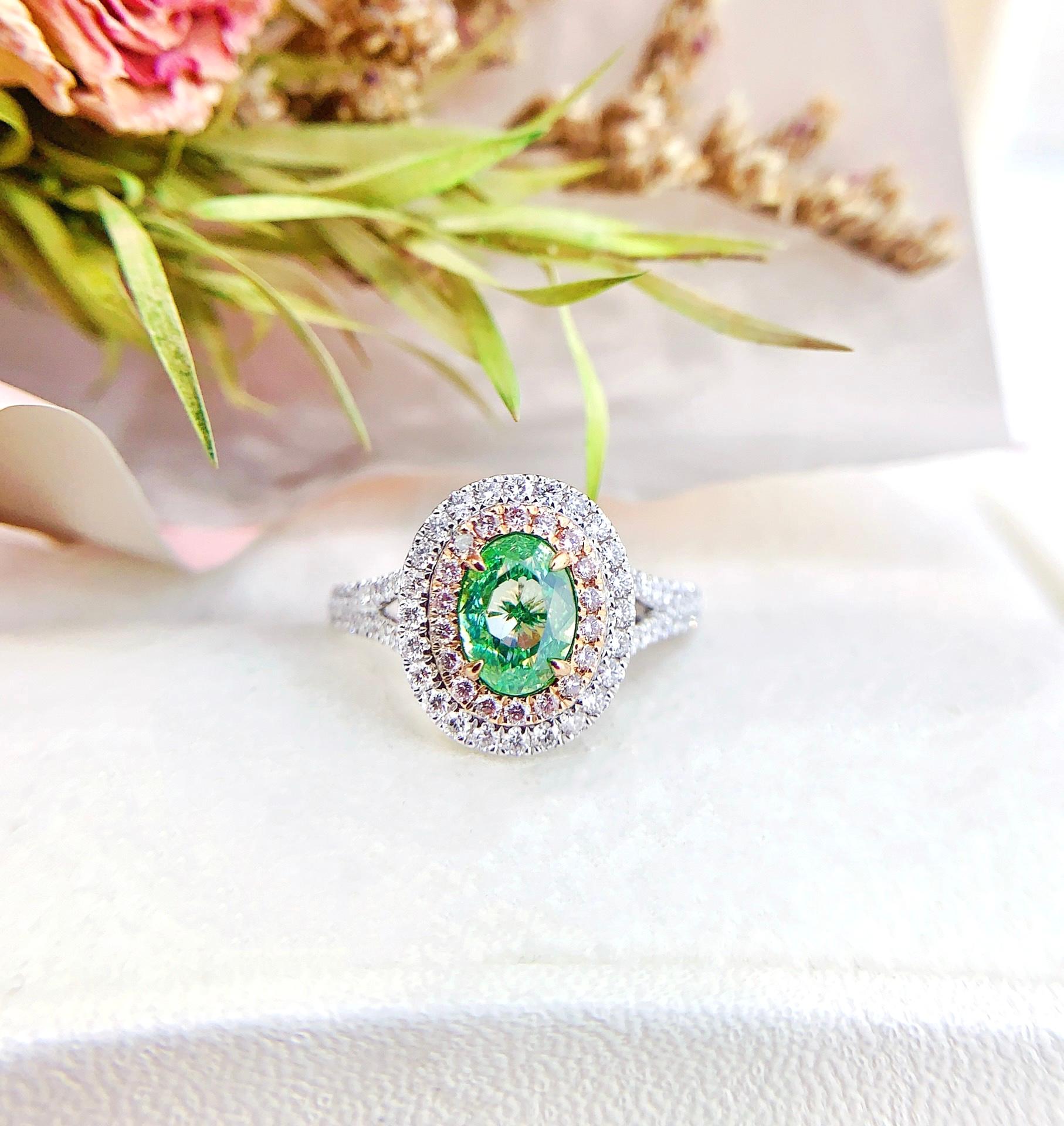 Oval Cut AGL Certified 1.00 Green Diamond 18K Gold Ring with Diamonds For Sale
