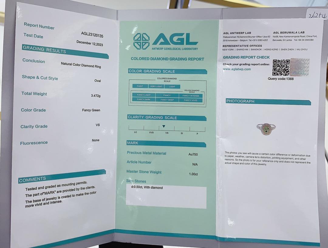 AGL Certified 1.00 Green Diamond 18K Gold Ring with Diamonds For Sale 1