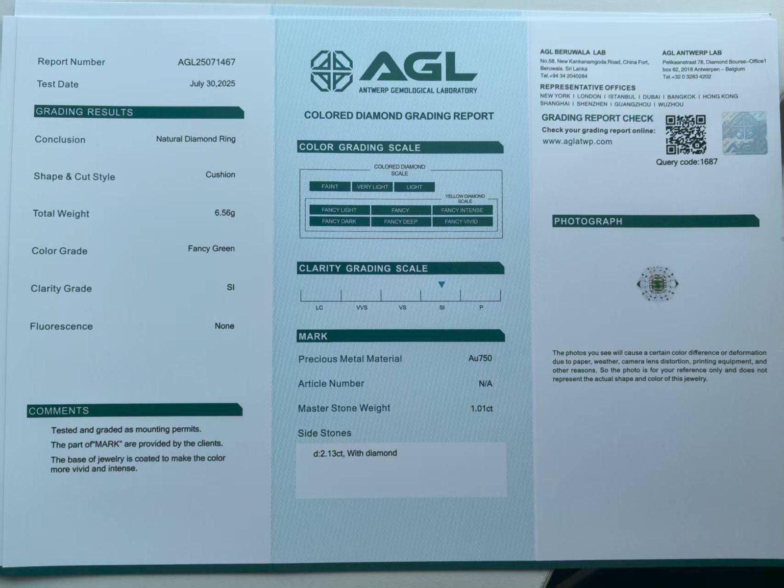 AGL-zertifizierter 1.01 Karat Fancy Grüner SI Reinheit Diamantring mit Reinheit im Angebot 1