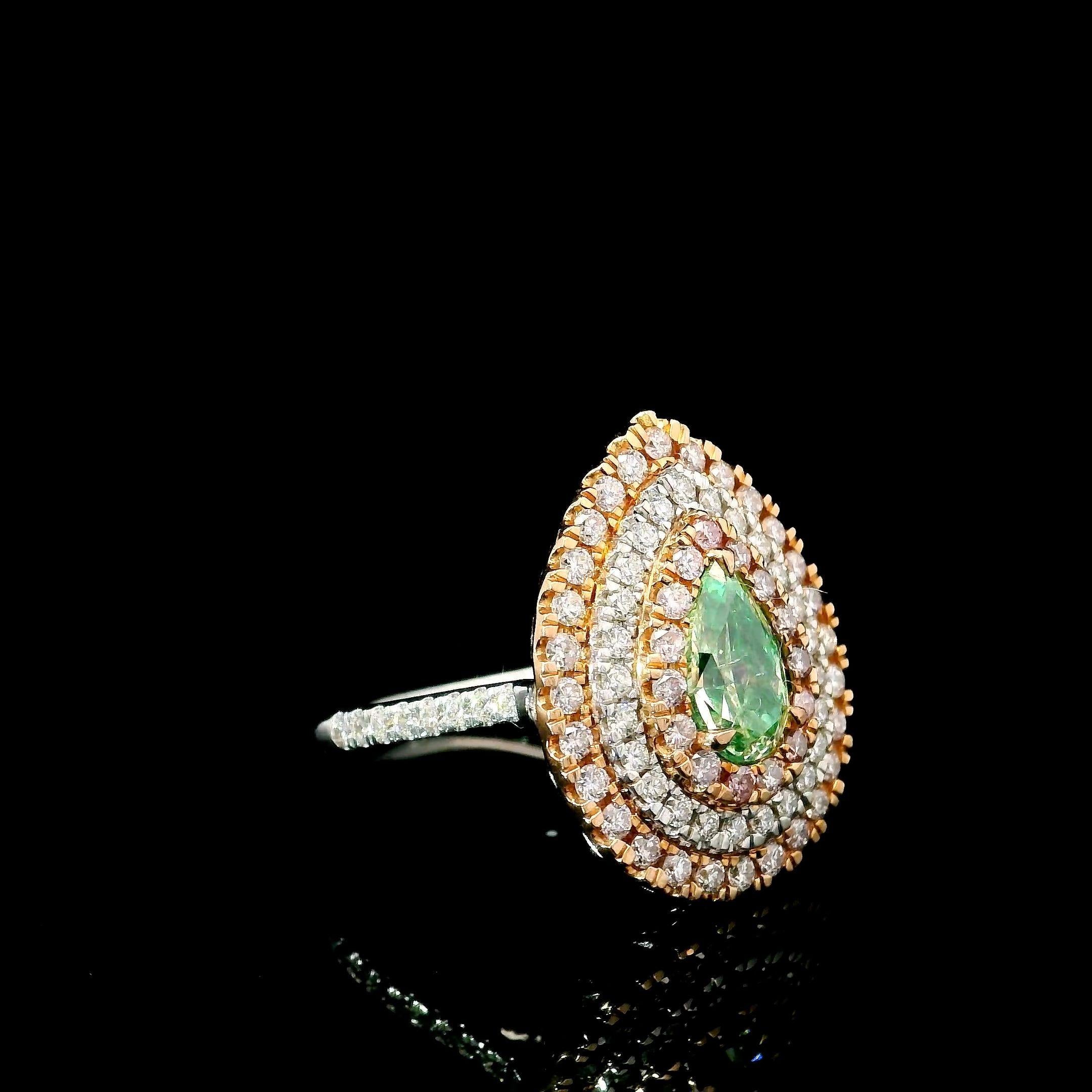 Pear Cut AGL Certified 1.01 Carat Fancy Green VS Clarity Diamond Ring For Sale