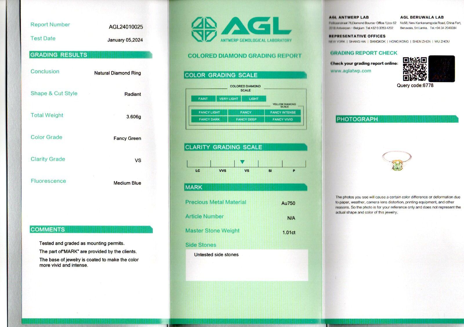 Bague avec diamant vert fantaisie certifié AGL de 1.01 carat de pureté VS en vente 3