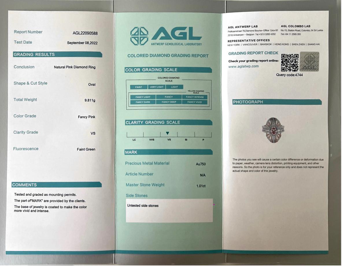 AGL Certified 1.01 Carat Fancy Pink Diamond Ring VS Clarity For Sale 3