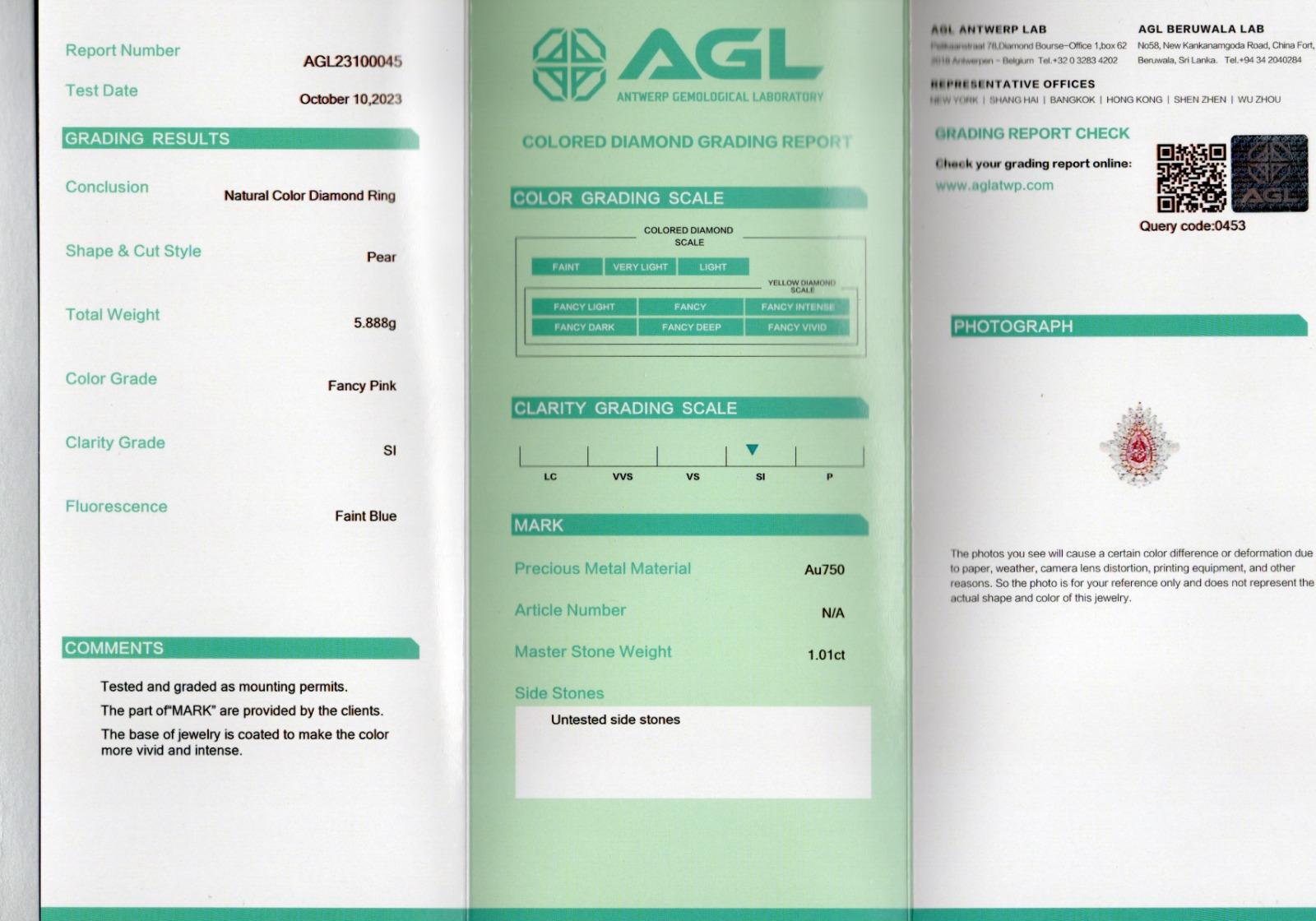 AGL-zertifizierter 1.01 Karat Fancy Pink SI Reinheit Diamantring mit Reinheit im Angebot 3