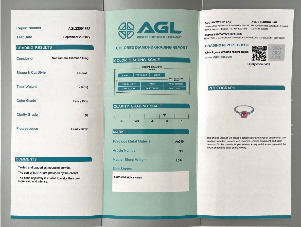 Diamant rose fantaisie de 1,01 carat de pureté SI1 certifié AGL en vente 4