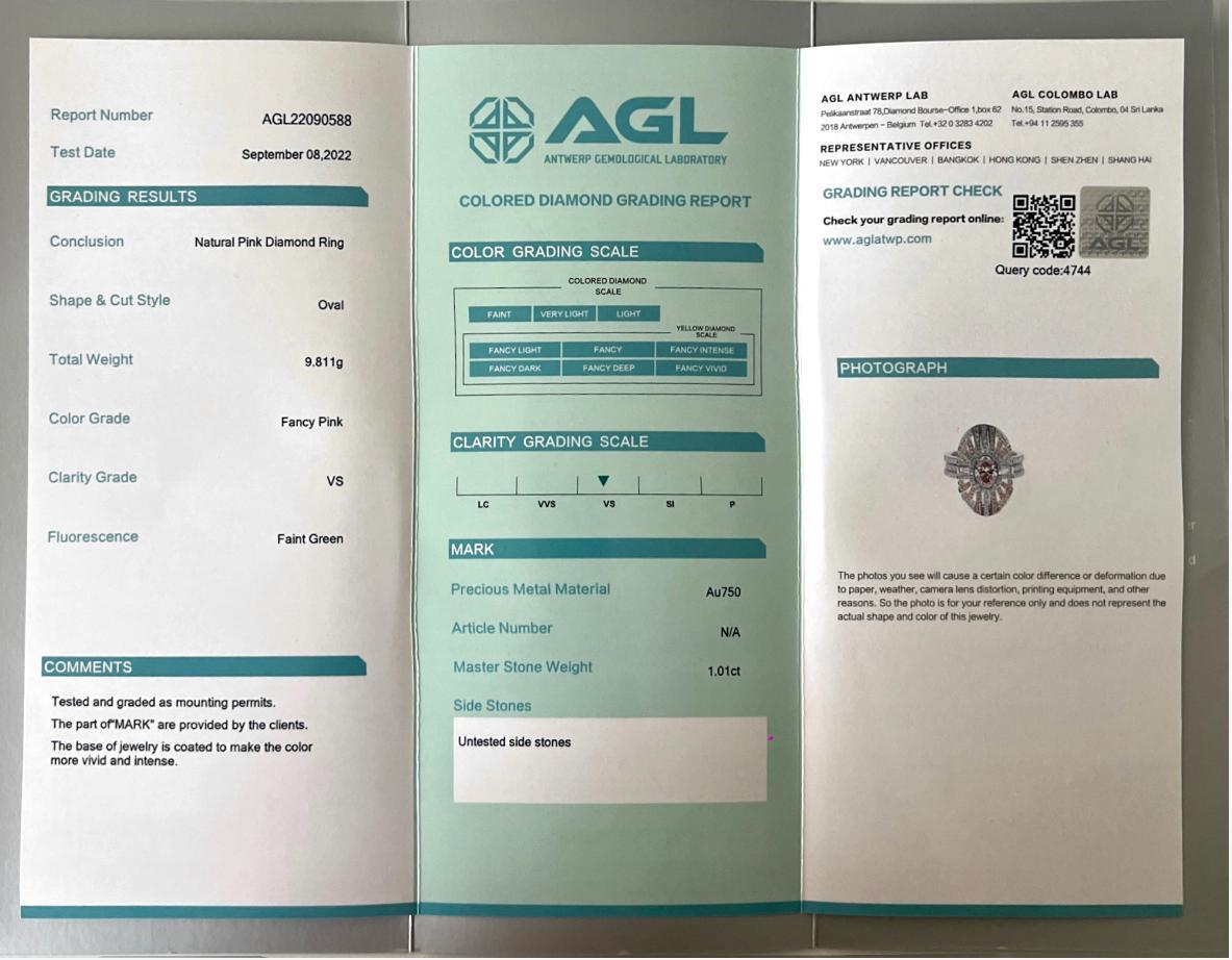 AGL Certified 1.01 Carat Fancy Pink VS Clarity Diamond For Sale 3