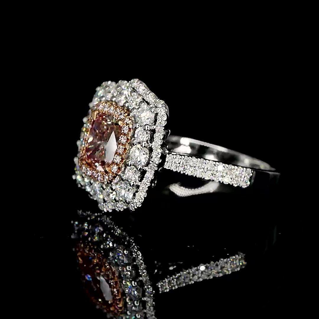 Cushion Cut AGL Certified 1.01 Carat Fancy Pink VS Clarity Diamond Ring For Sale