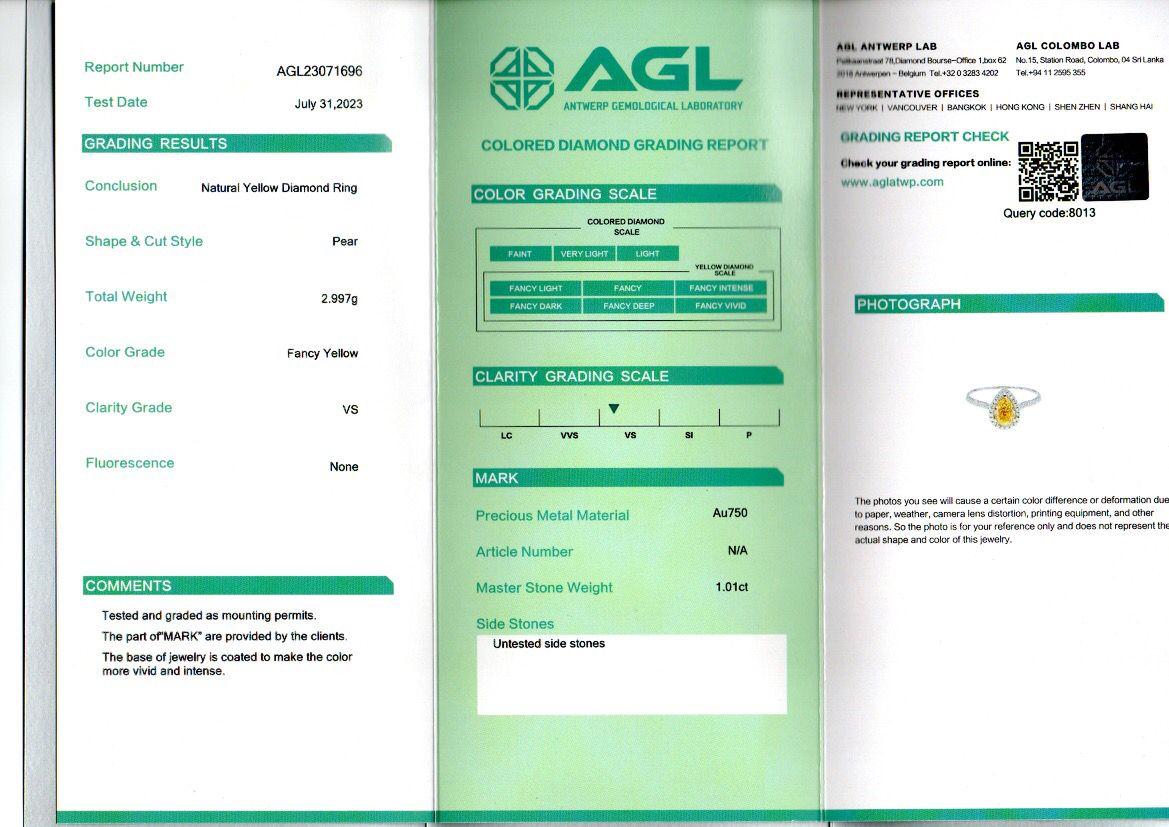 AGL-zertifizierter 1,01 Karat Ausgefallener gelber Fancy-Diamantring VS Reinheit im Angebot 7