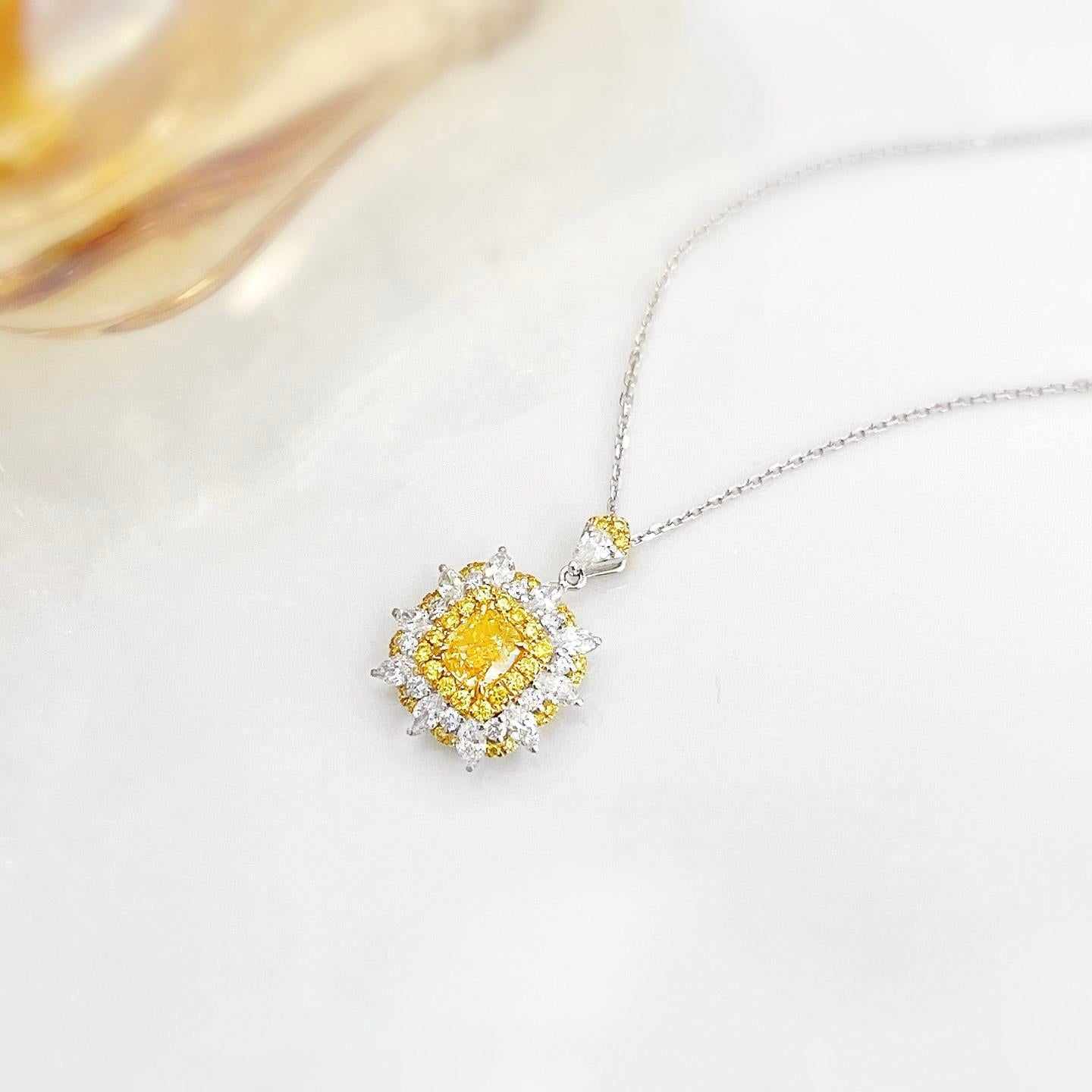 Cushion Cut AGL Certified 1.01 CT Cushion-Cut Yellow Diamond & Diamond Pendant Necklace For Sale