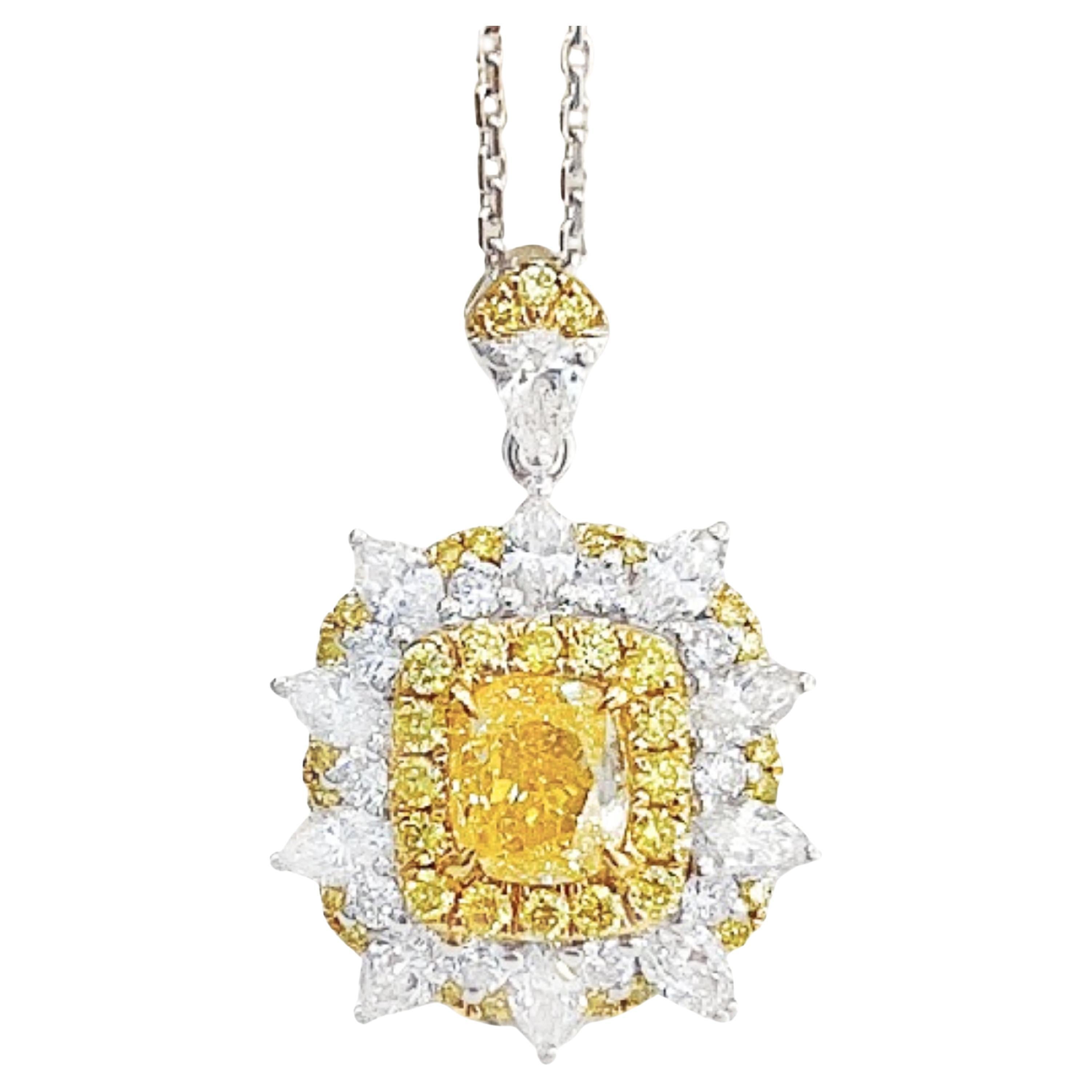 AGL Certified 1.01 CT Cushion-Cut Yellow Diamond & Diamond Pendant Necklace For Sale
