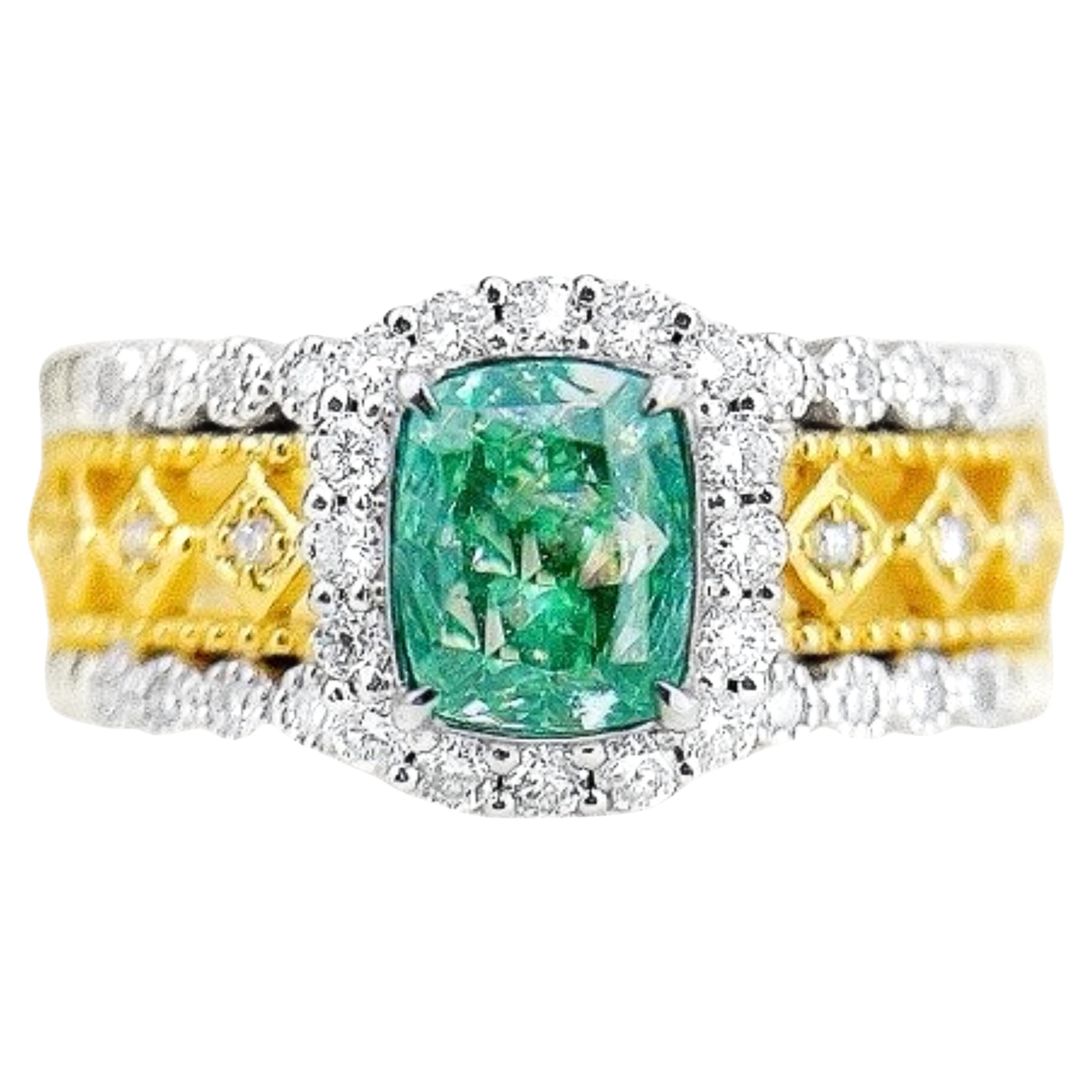 AGL Certified 1.01 CT VS Green Diamond 18K Yellow Gold Ring with Diamonds