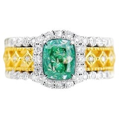 AGL Certified 1.01 CT VS Green Diamond 18K Yellow Gold Ring with Diamonds